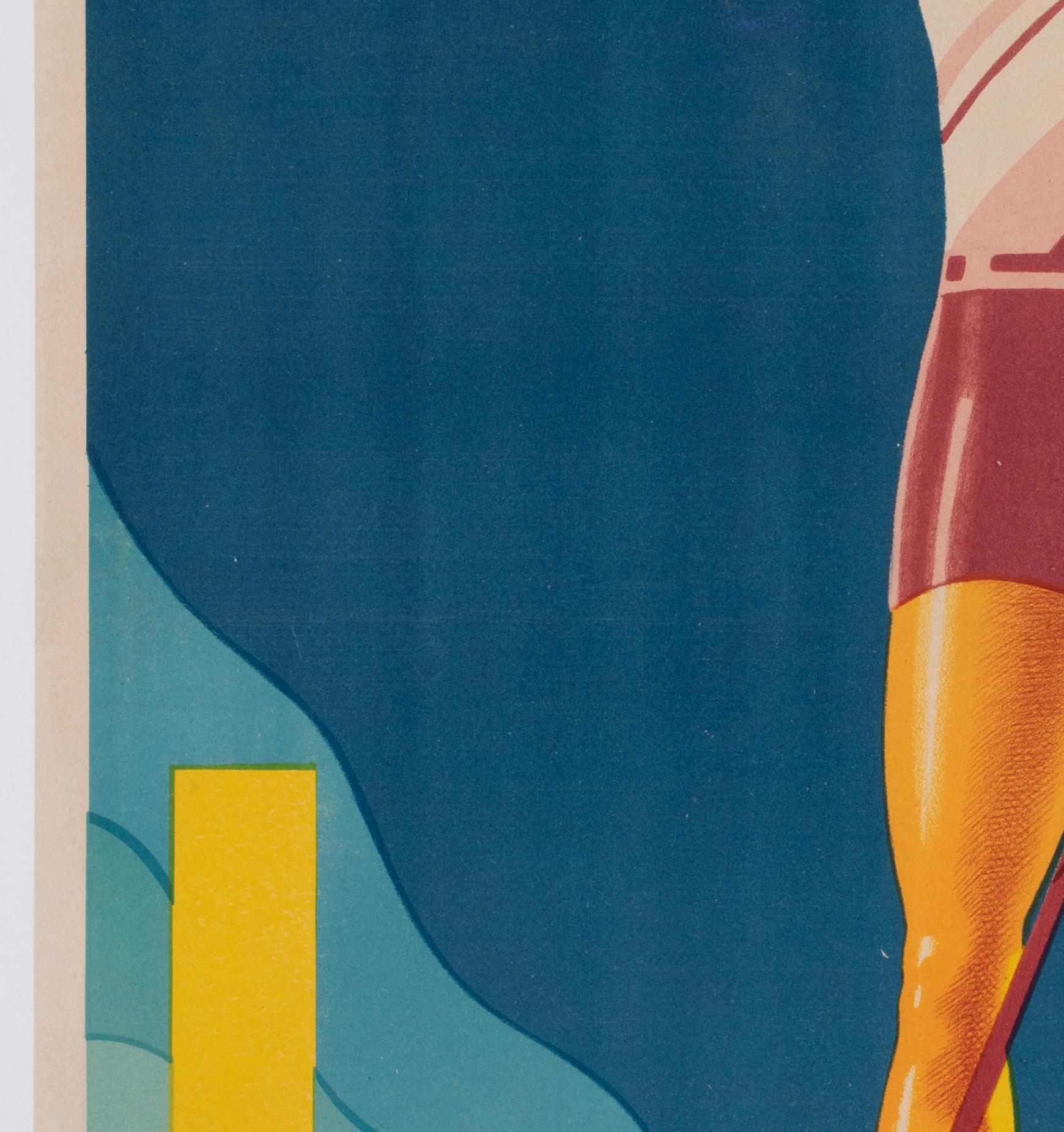 Linen Bandol 1930s French Travel Poster, Sports, Ski, Andre Bermond For Sale