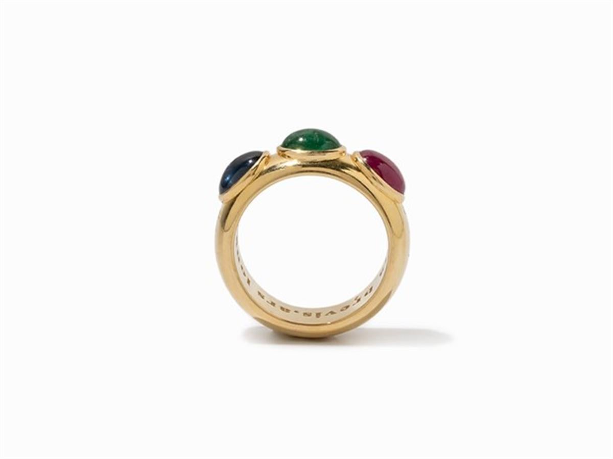 Ring with Ruby, Sapphire and Emerald Cabochon, 750 Yellow Gold For Sale 1