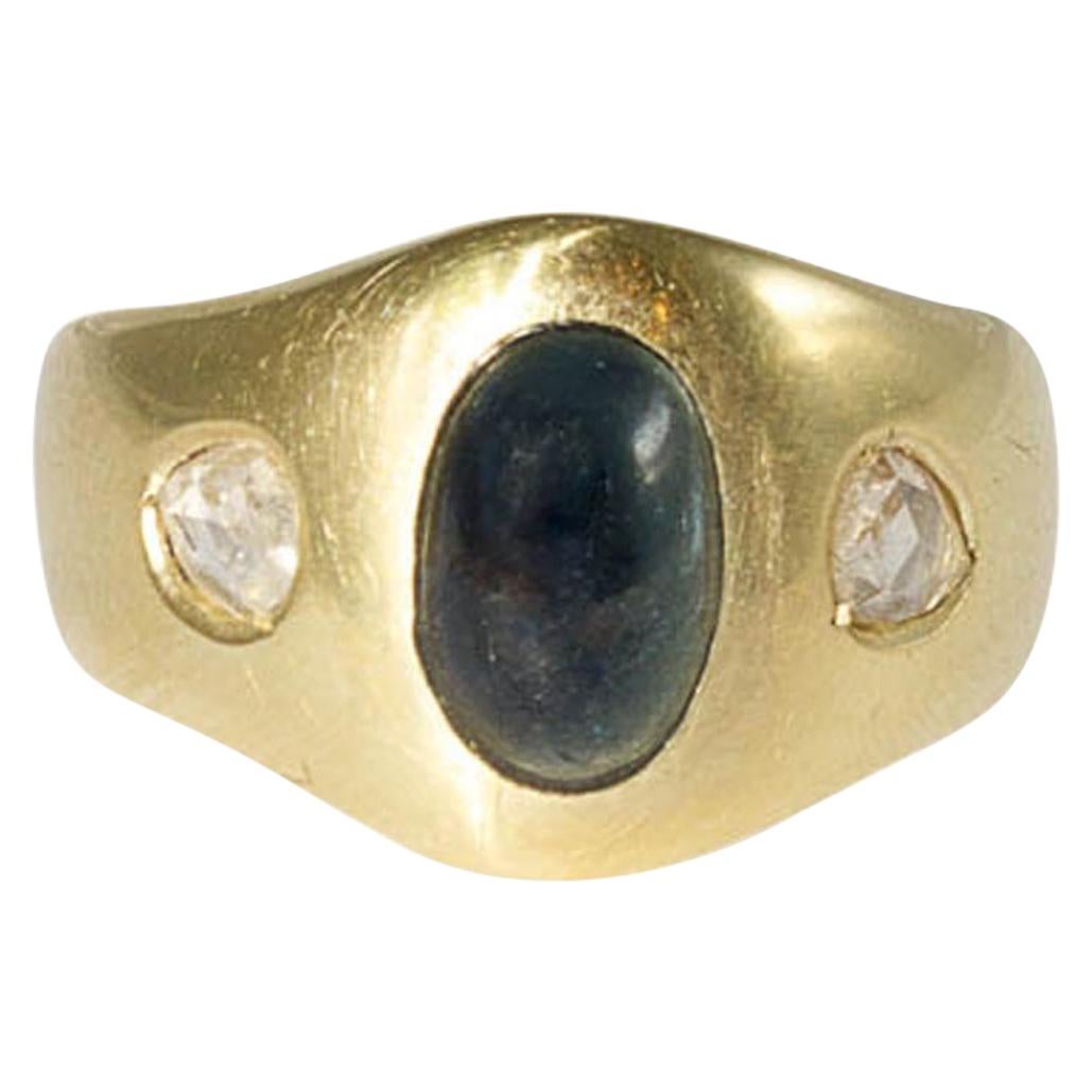 Bandring Yellow Gold with Sapphire Cabochon and Diamonds, Gypsyring, Men