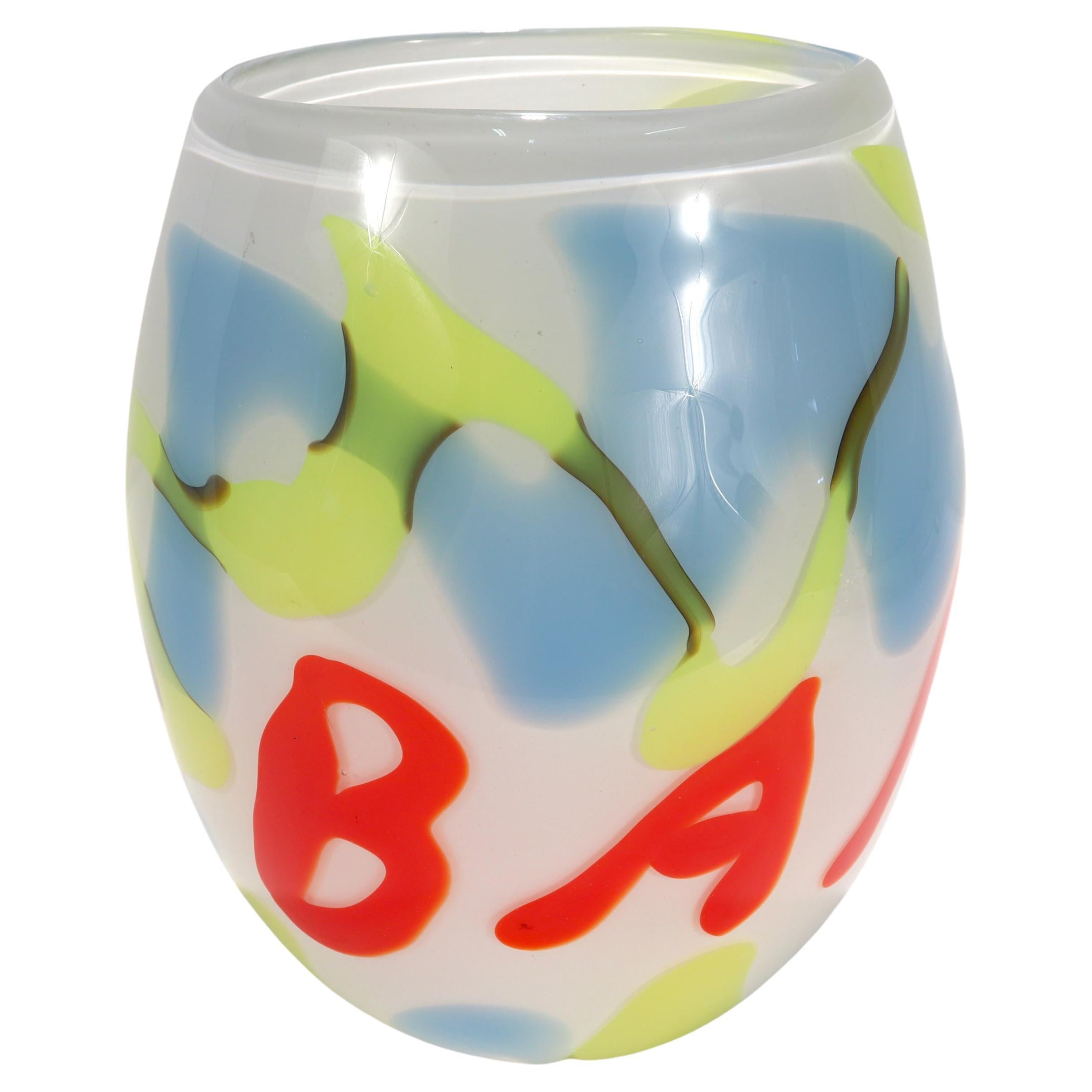 "BANG" Pop-Art Cased Art Glass Vase in White, Blue, Yellow, & Red, 20th Century For Sale