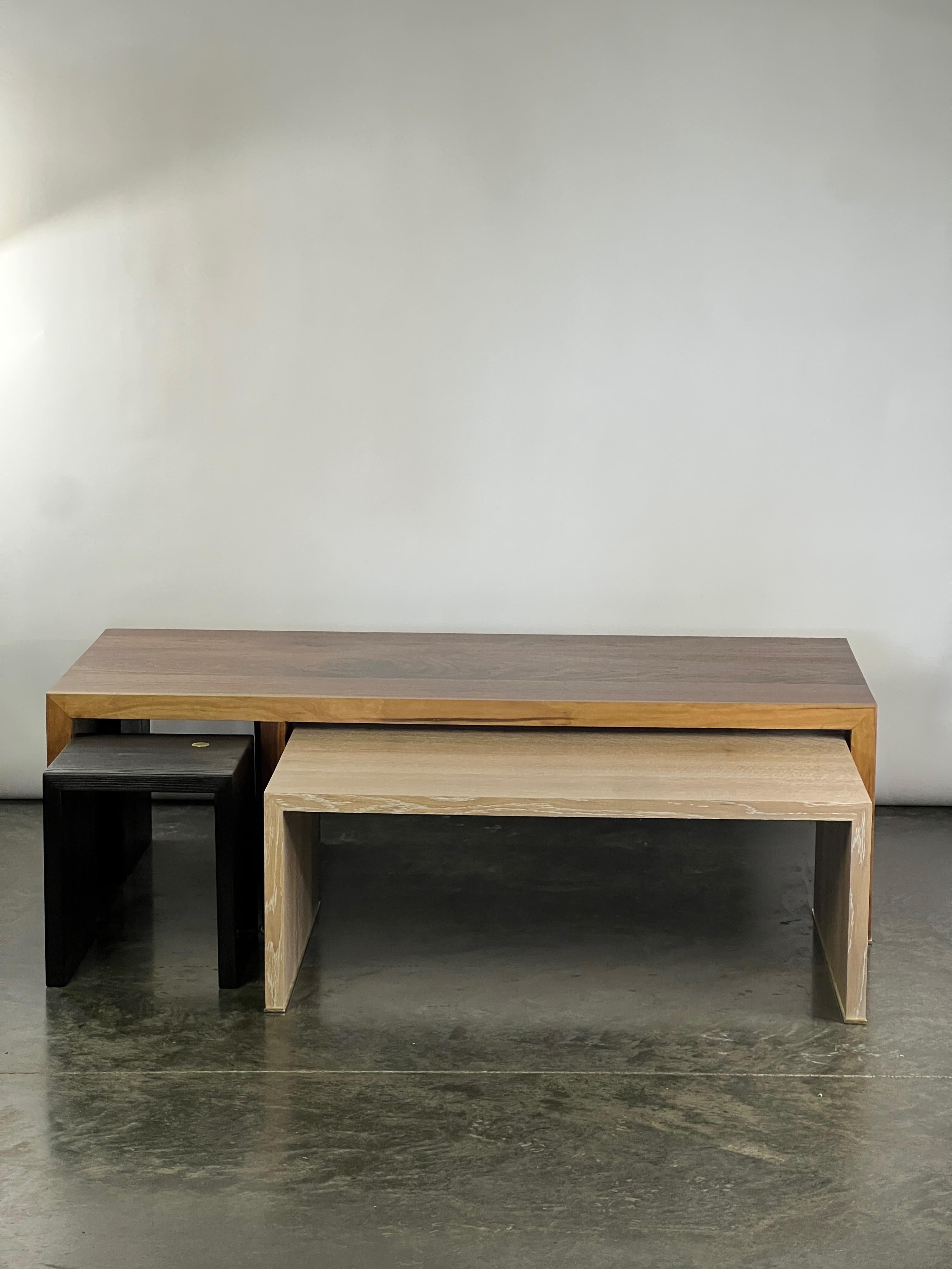 American Modern Handmade Walnut, Oak, Ash with Brass Detail Nesting Coffee Table - Tent For Sale