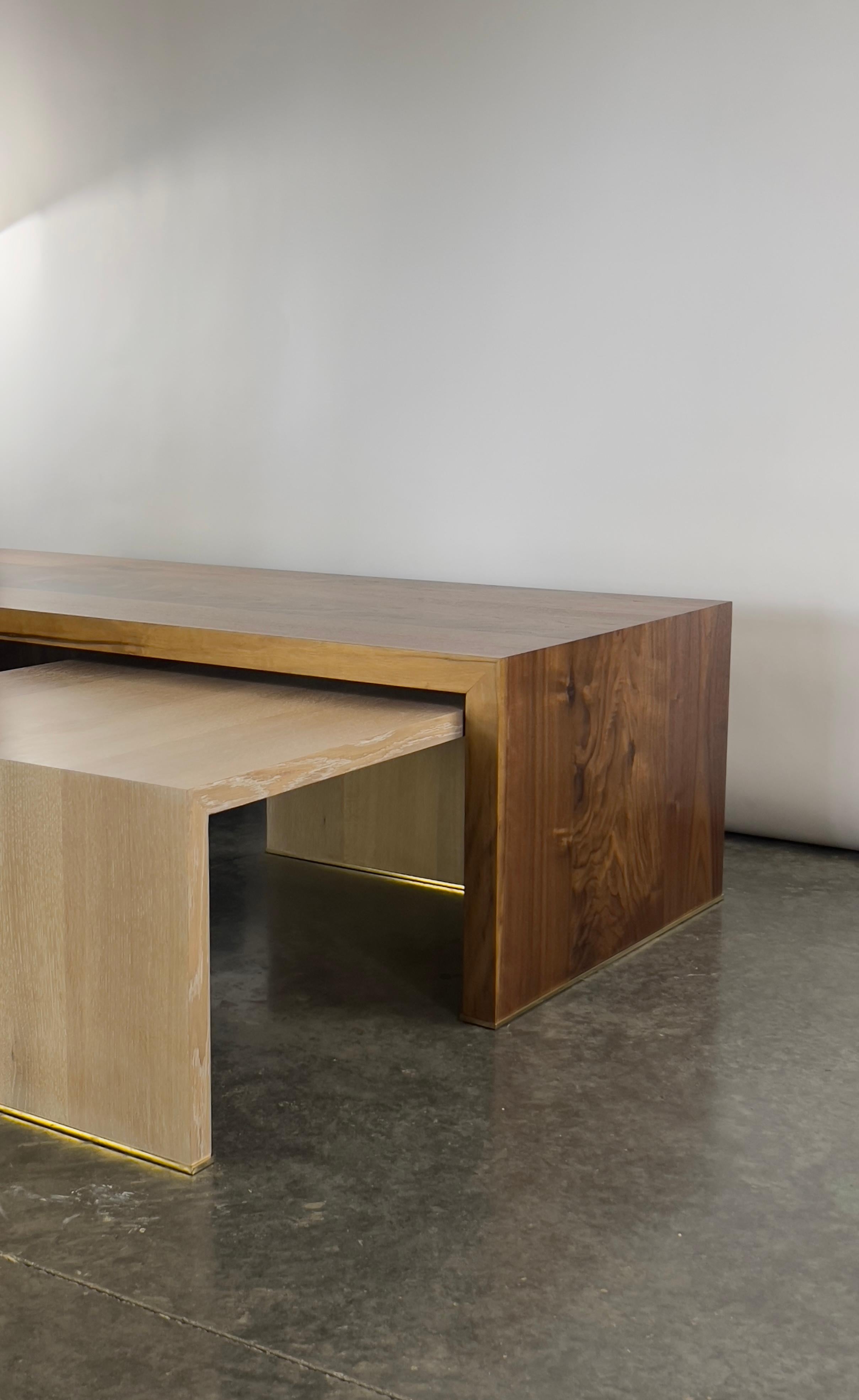 Burnished Modern Handmade Walnut, Oak, Ash with Brass Detail Nesting Coffee Table - Tent For Sale