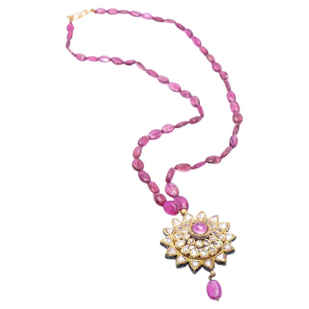 BANGLADESH Rubelite and Diamonds Necklace For Sale