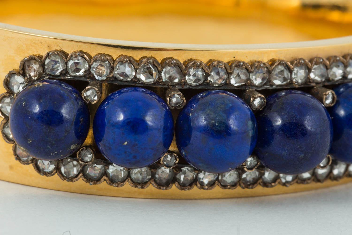 High Victorian Bangle 18 Carat Gold French Lapis Lazuli and Diamond Half Hoop, circa 1910
