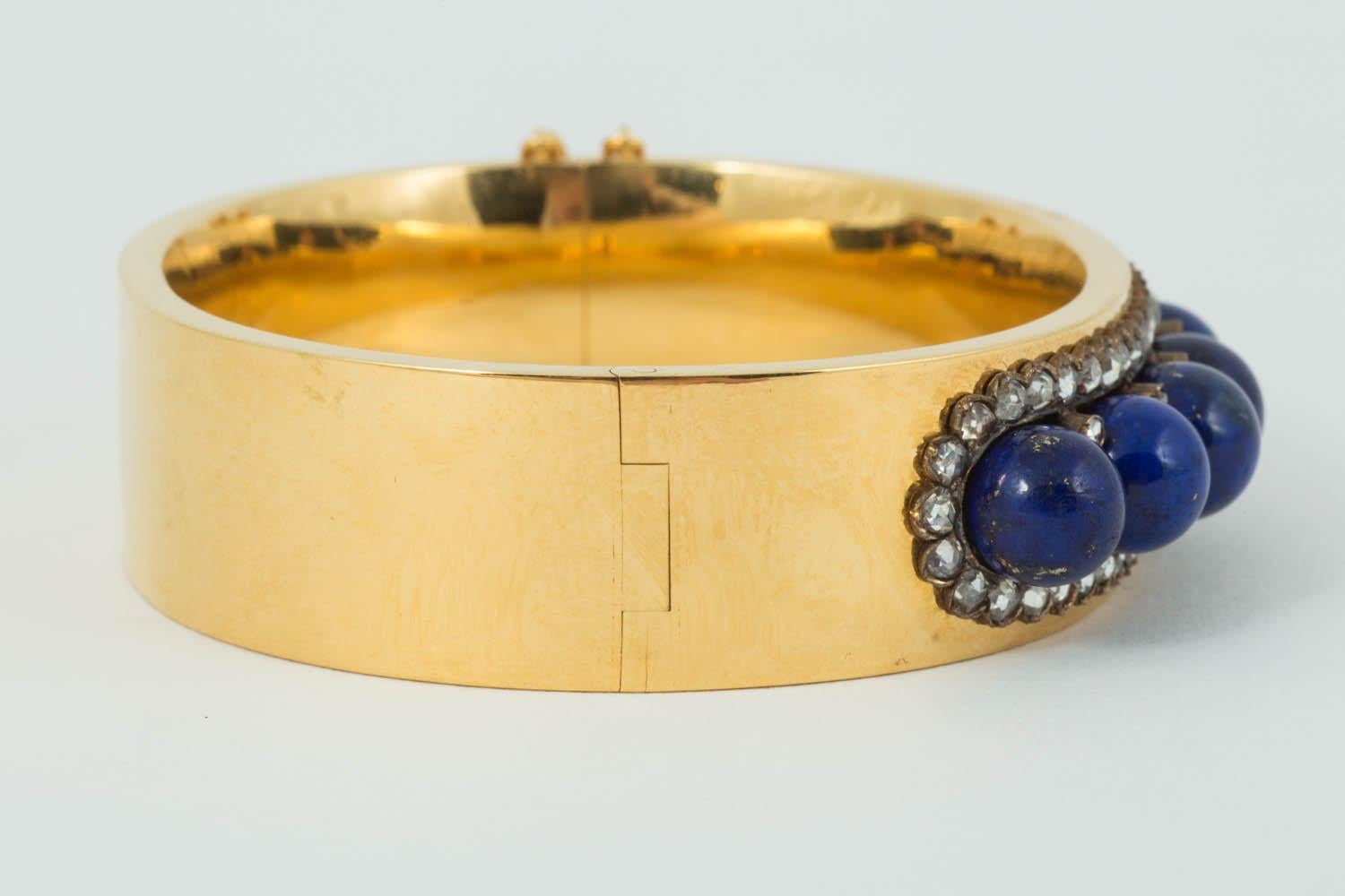 Rose Cut Bangle 18 Carat Gold French Lapis Lazuli and Diamond Half Hoop, circa 1910
