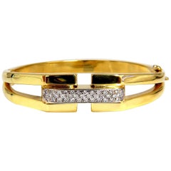 Bangle Bracelet 14 Karat .70 Carat Round Natural Diamonds Raised Bar Mod Deco