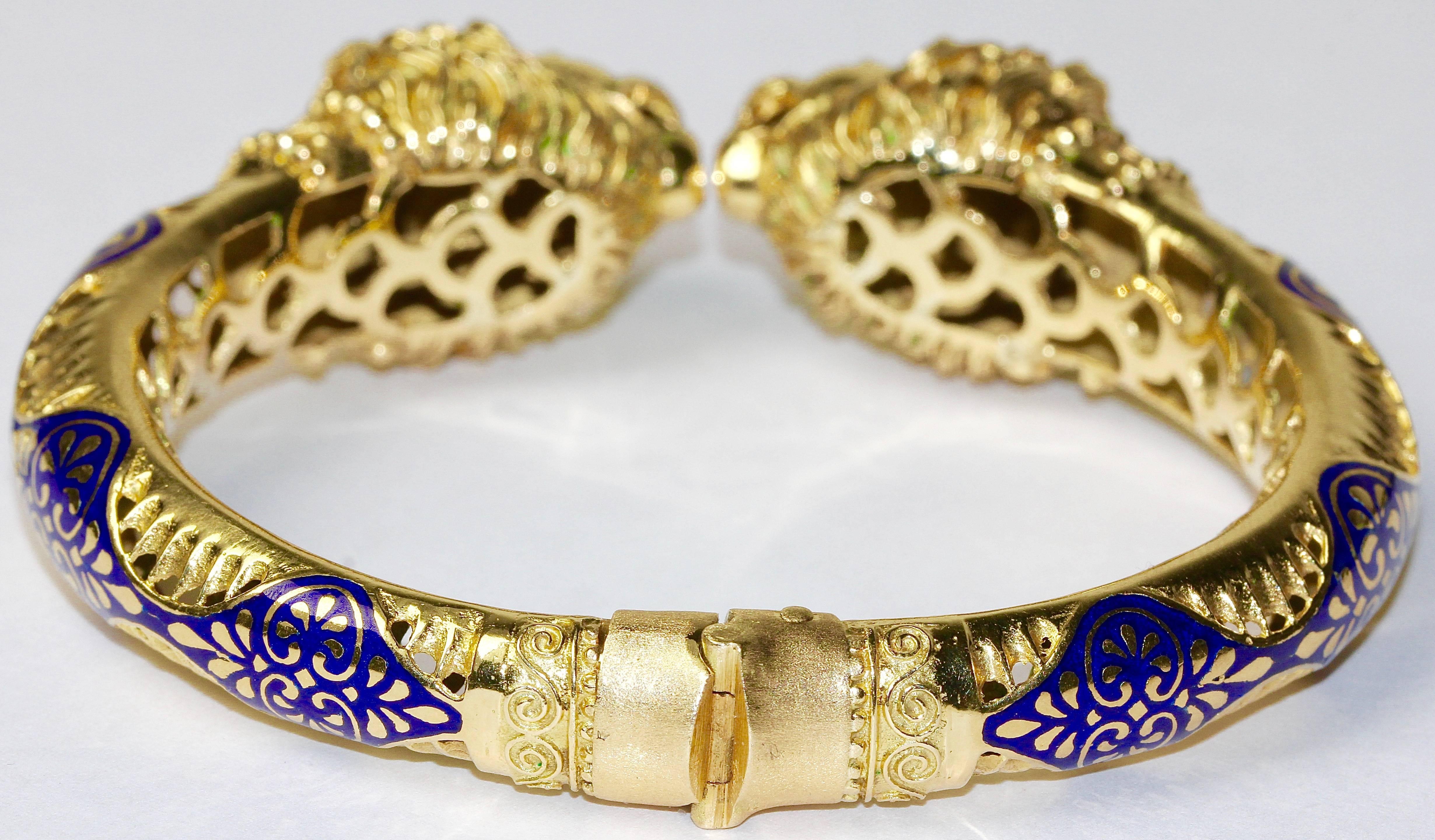 Women's Bangle, Bracelet, as Lion Heads, 18k Gold with Enamel For Sale