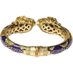 Bangle, Bracelet, as Lion Heads, 18k Gold with Enamel