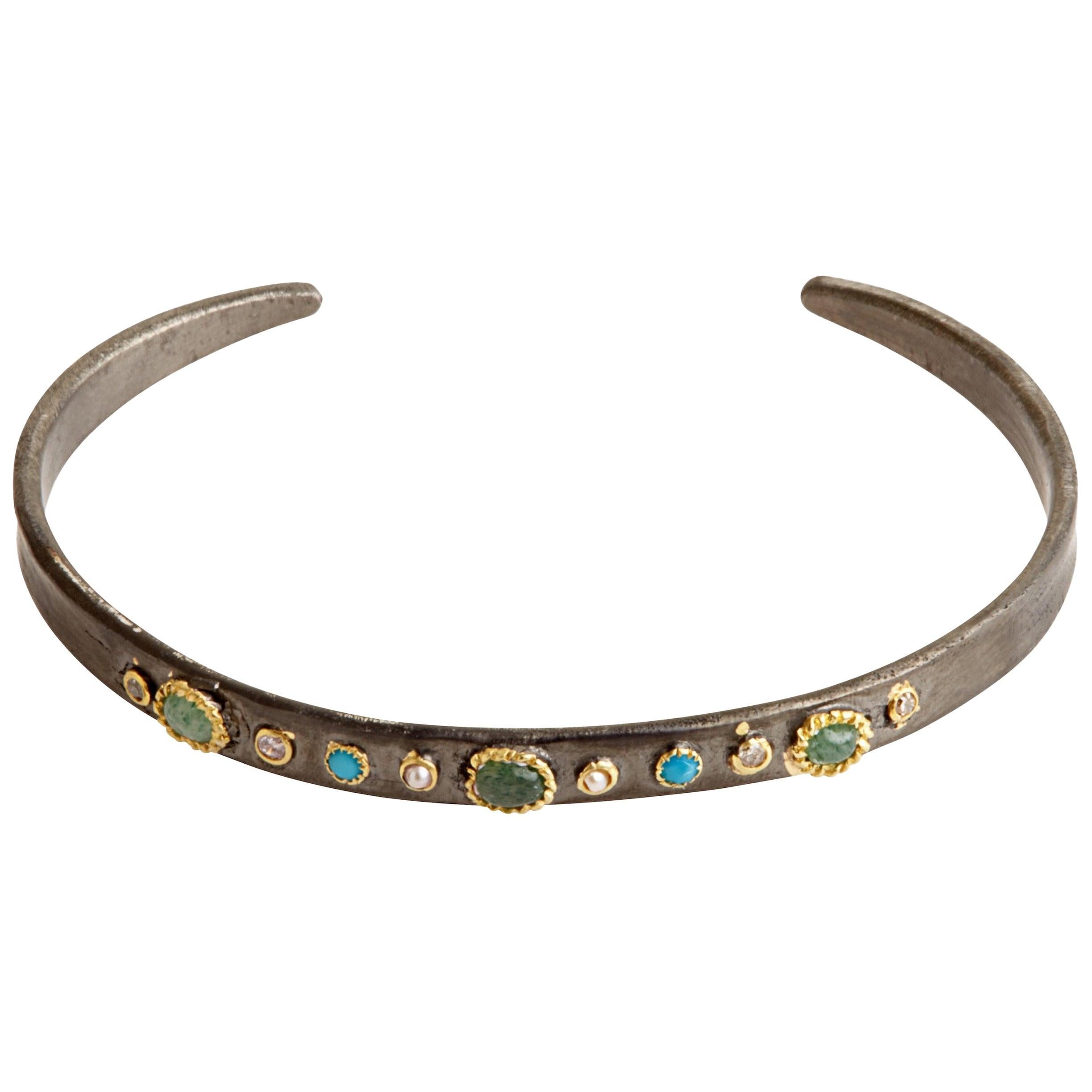 Bangle Bracelet, Diamonds, Emerald, Turquoises, Pearls, 14 Karat Gold For Sale