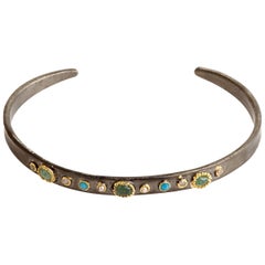 Bangle Bracelet, Diamonds, Emerald, Turquoises, Pearls, 14 Karat Gold