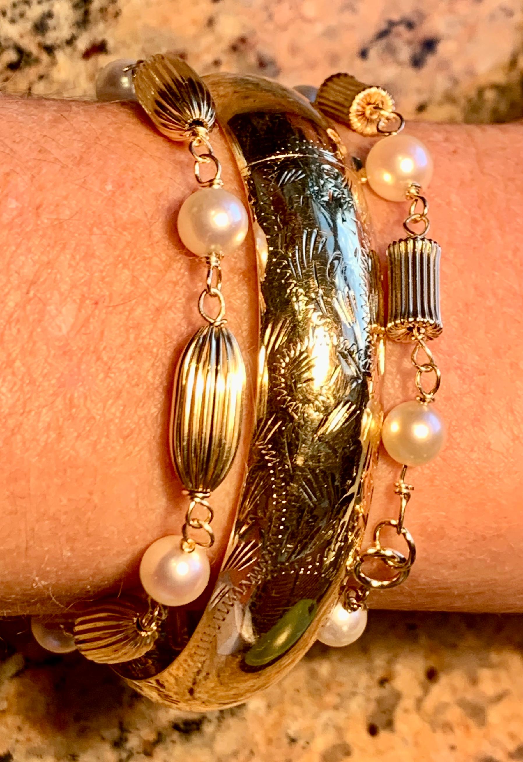 14 Karat Yellow Gold Hand Engraved Bangle Bracelet-1950s 2