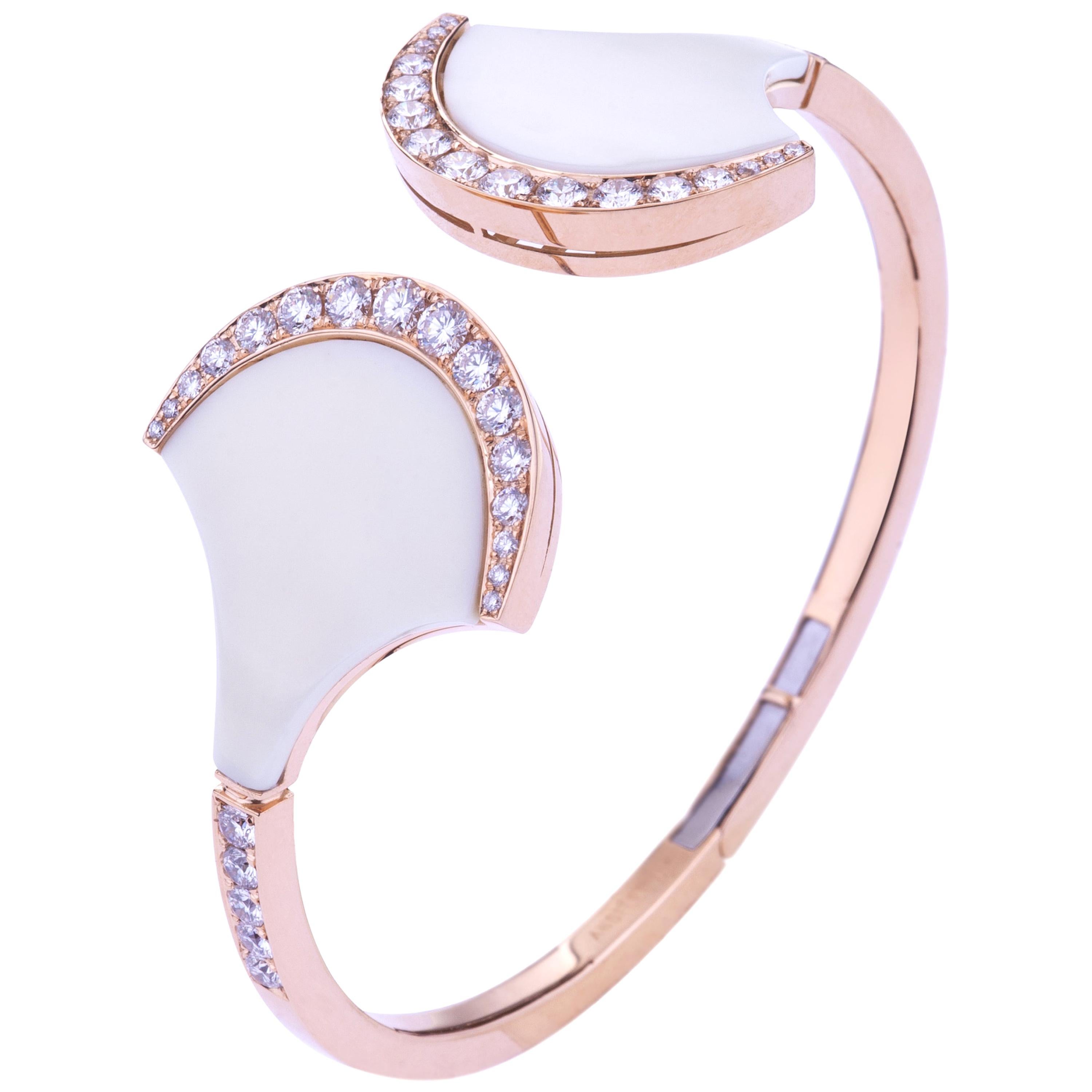 Exclusive Wave Bangle Rose Gold with White Ceramic and Diamonds For Sale