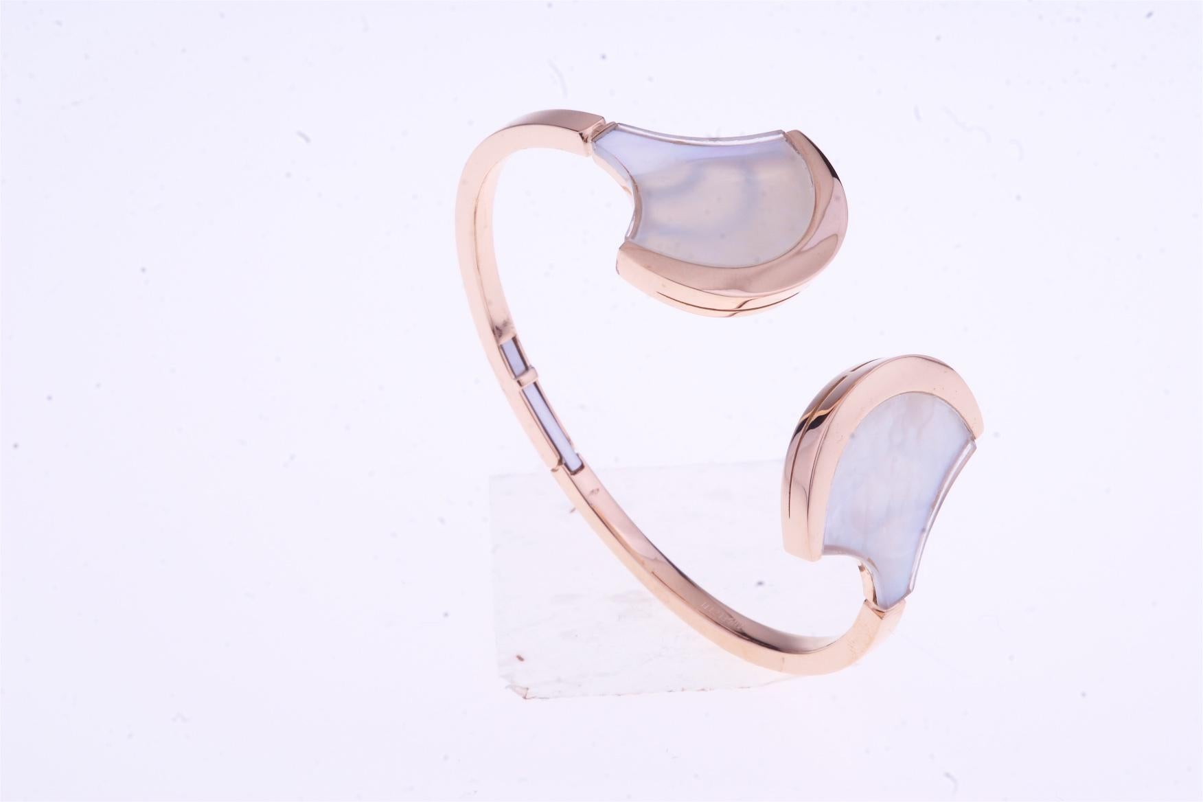 Mixed Cut Bangle Bracelet Rose Gold with Fan Shaped Mother of Pearl and Rock Crystal For Sale