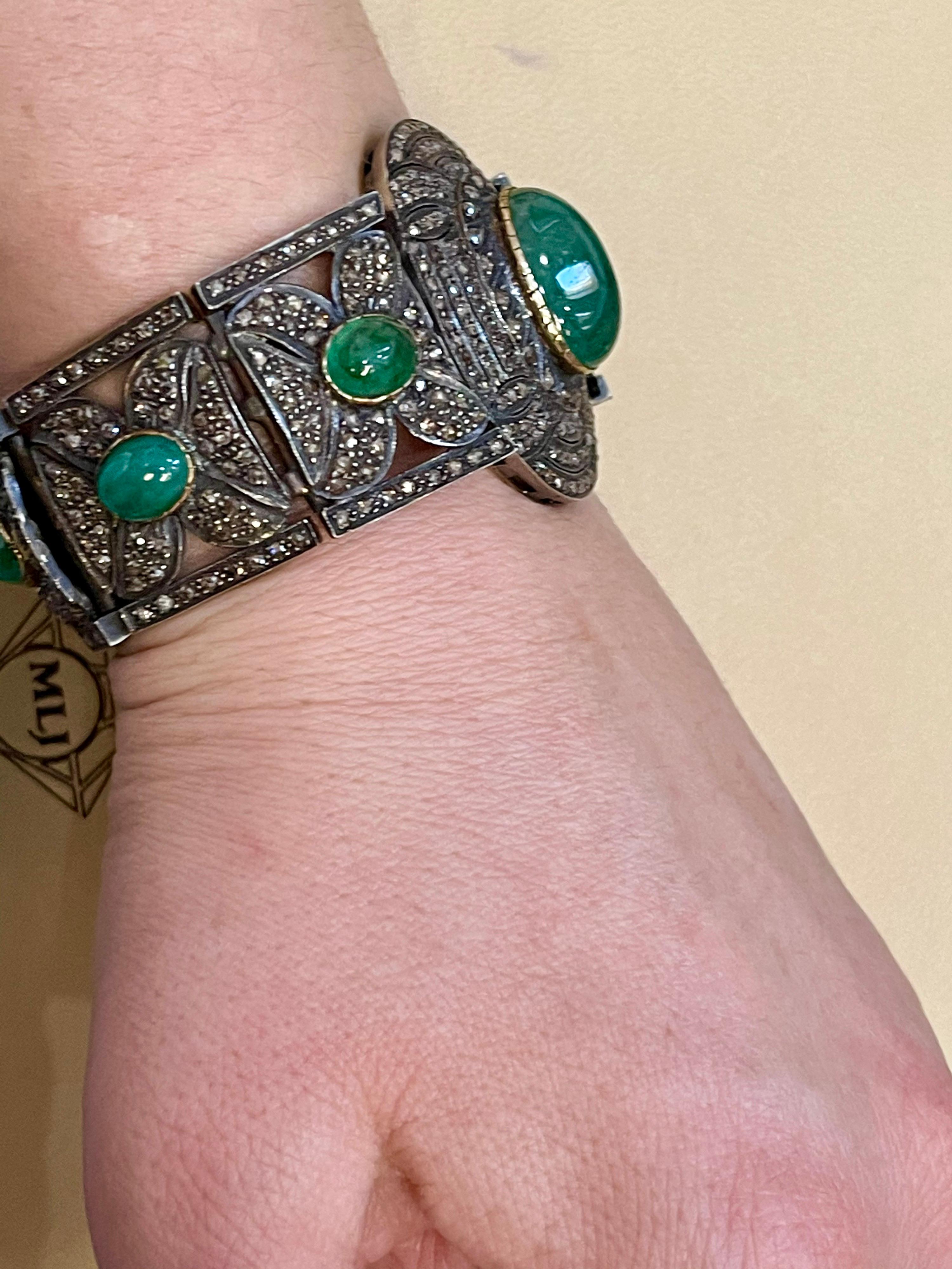 Bracciale a bracciale vittoriano con diamante e smeraldo cabochon in oro 14K, argento, oro giallo in vendita 5