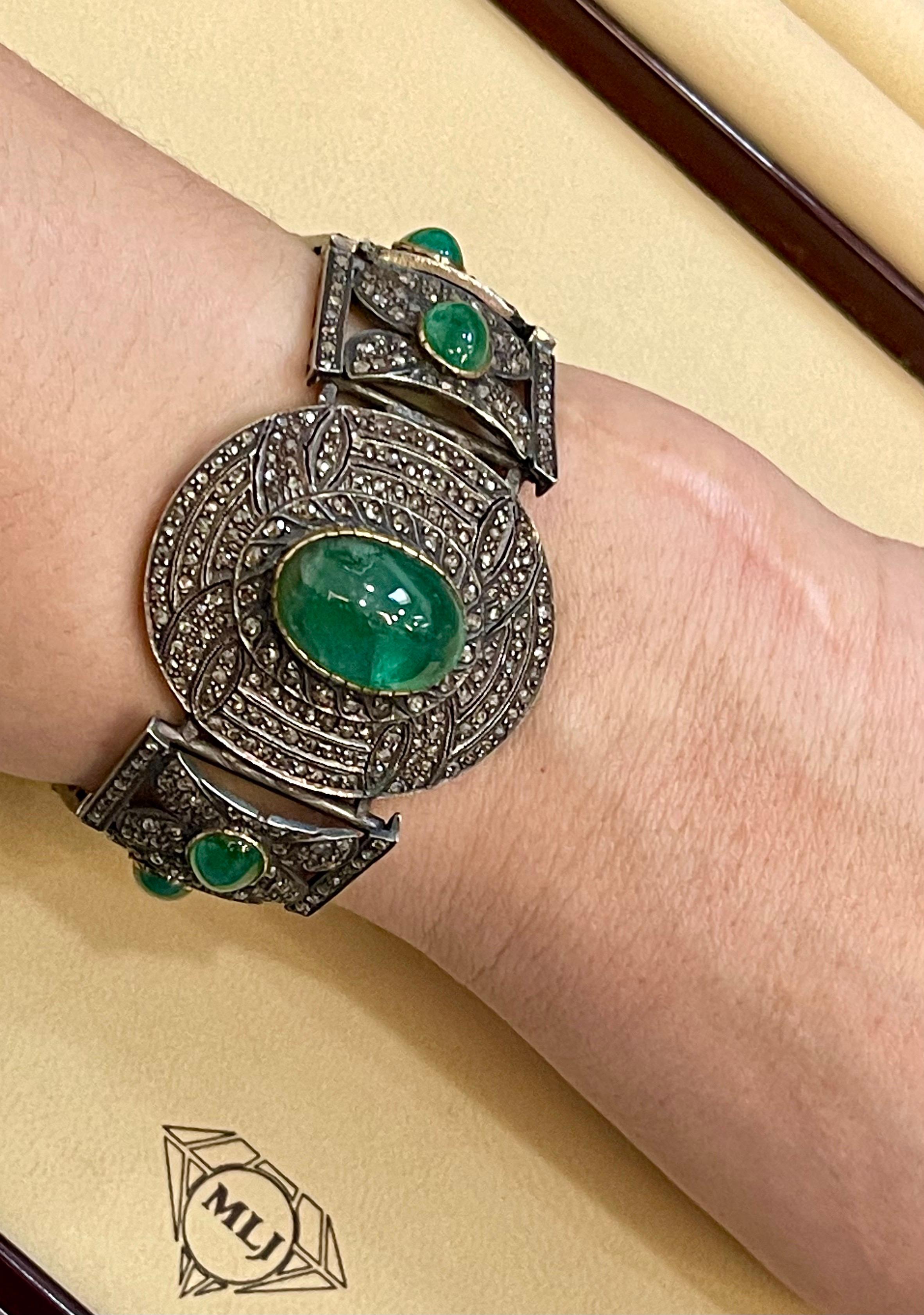 Bracciale a bracciale vittoriano con diamante e smeraldo cabochon in oro 14K, argento, oro giallo in vendita 6
