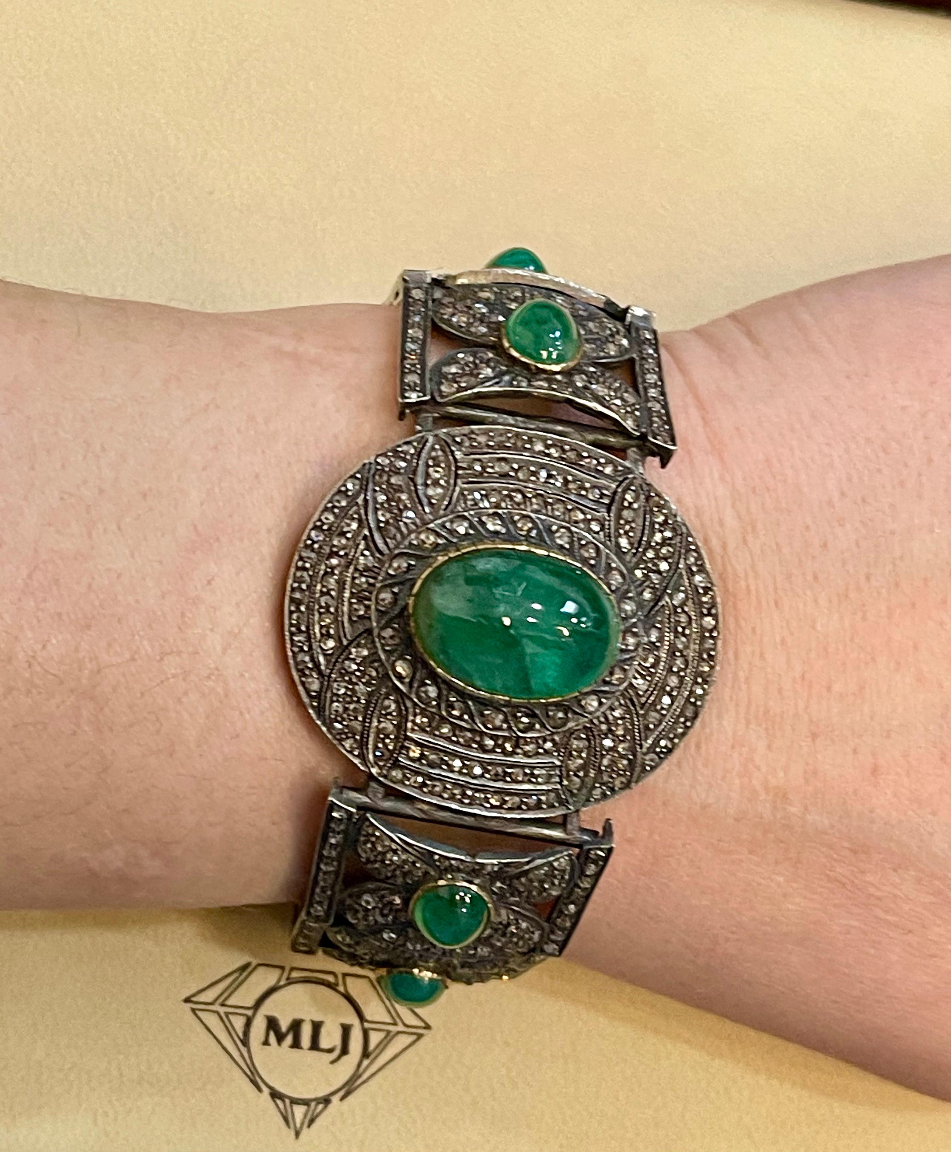 Bracciale a bracciale vittoriano con diamante e smeraldo cabochon in oro 14K, argento, oro giallo in vendita 7