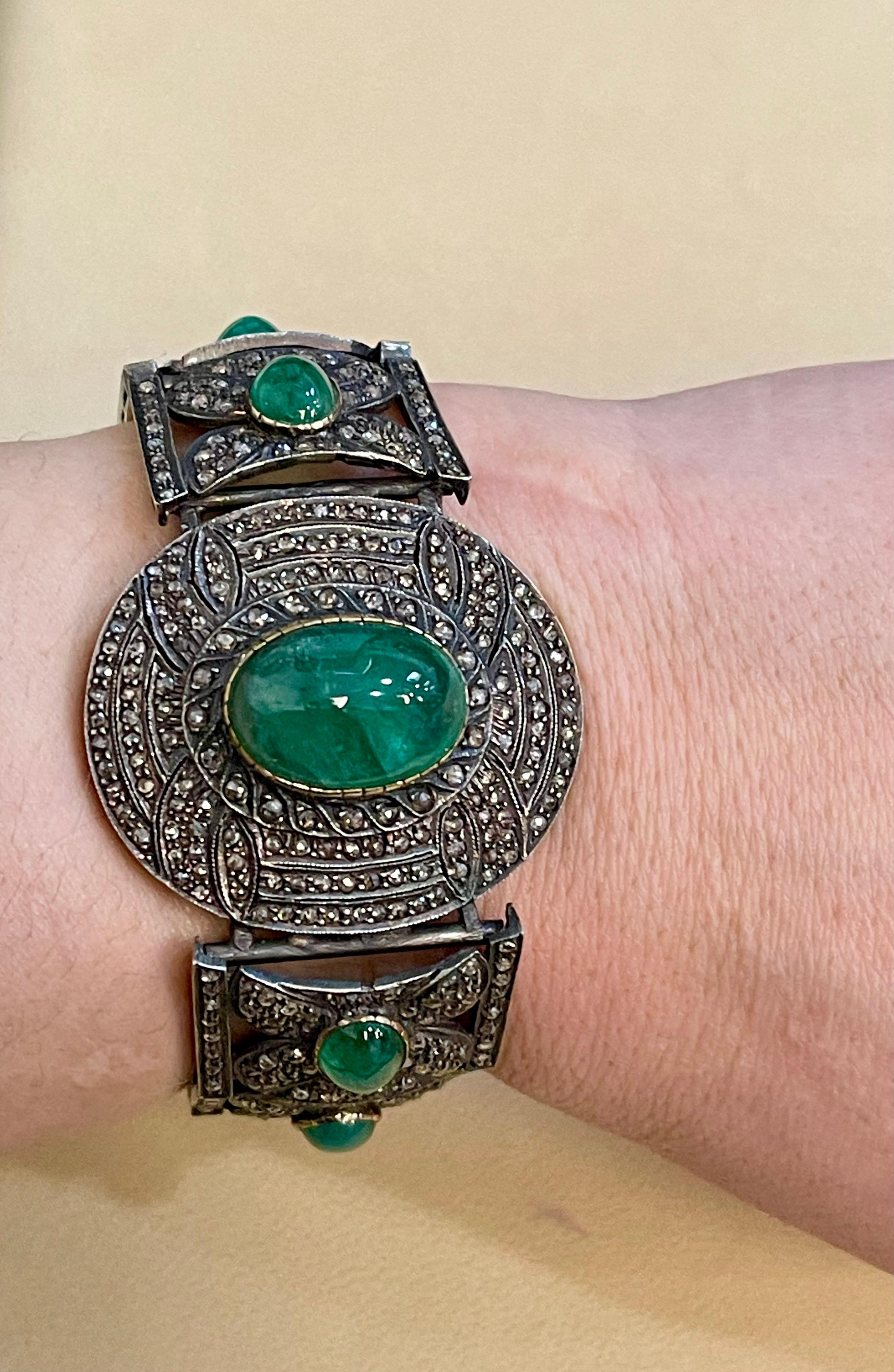 Bracciale a bracciale vittoriano con diamante e smeraldo cabochon in oro 14K, argento, oro giallo in vendita 8