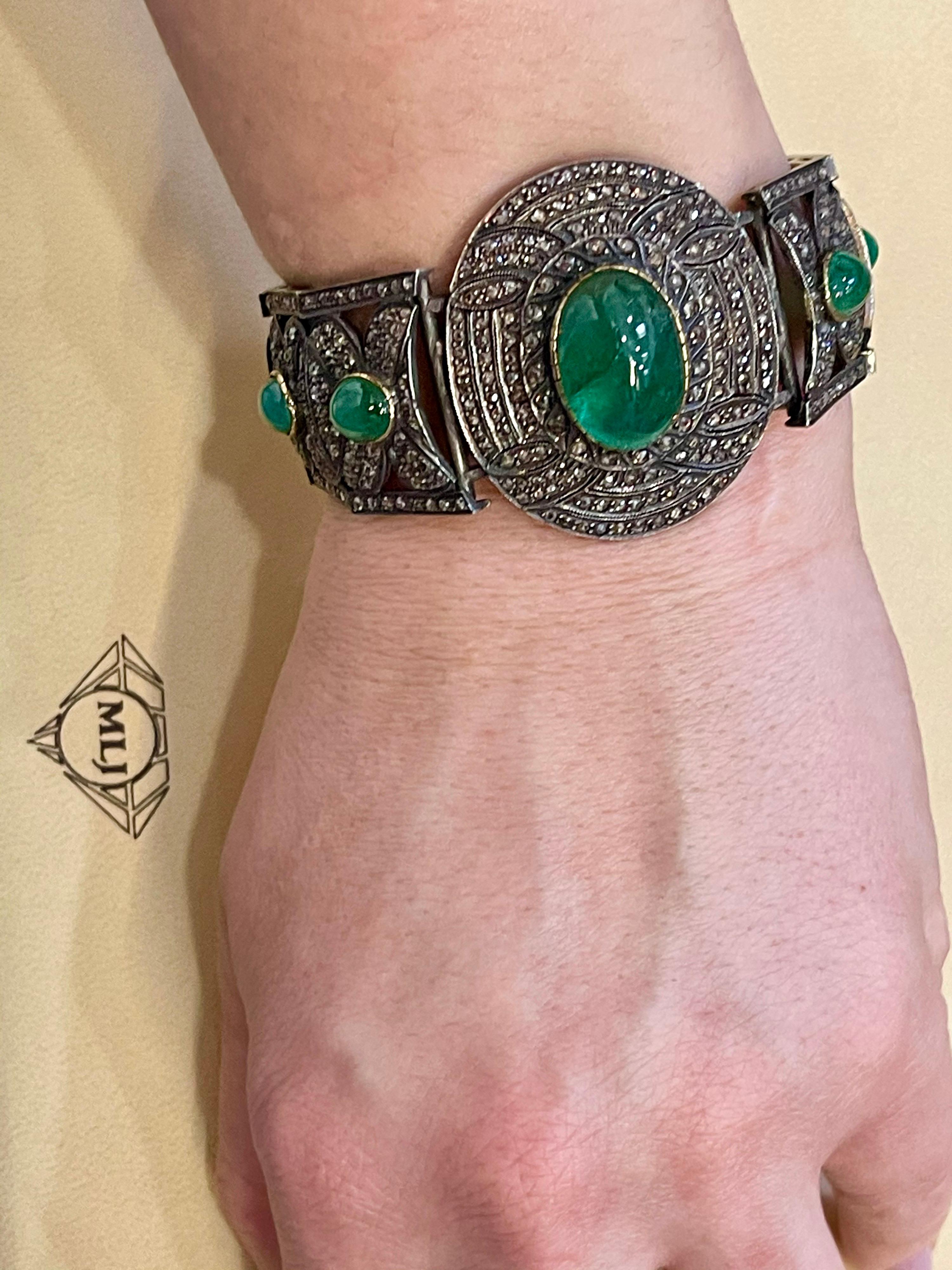 Bracciale a bracciale vittoriano con diamante e smeraldo cabochon in oro 14K, argento, oro giallo In condizioni ottime in vendita a New York, NY