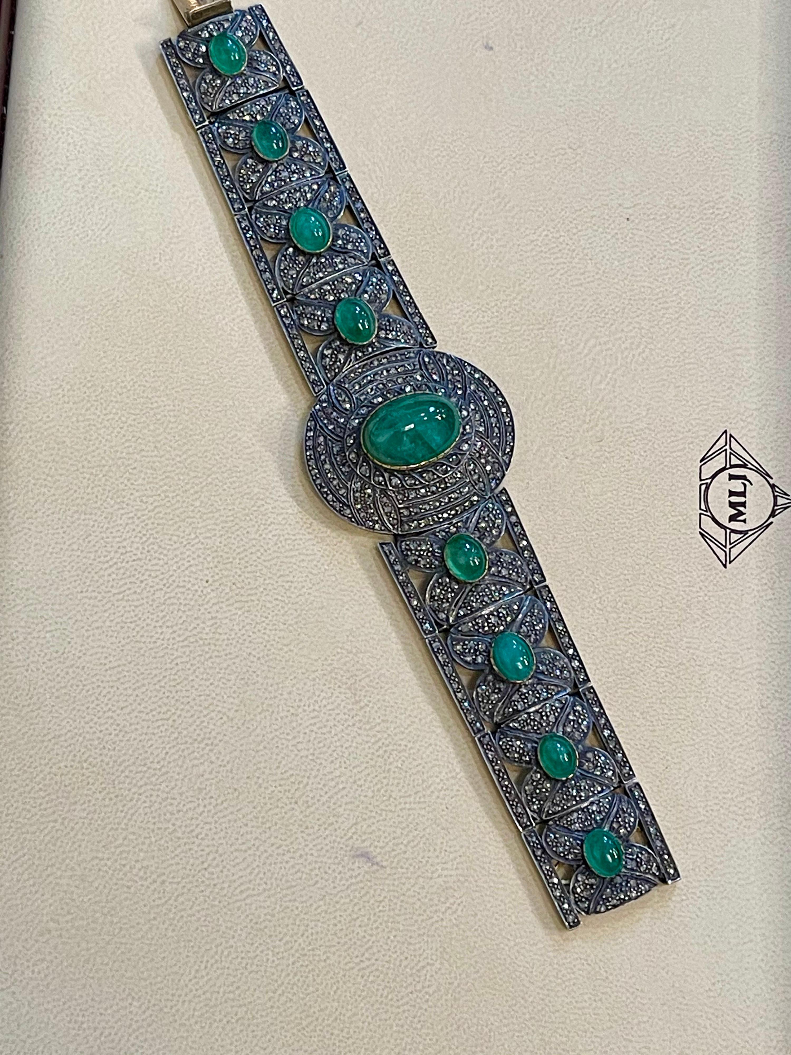 Bangle Bracelet Victorian Diamond Emerald Cabochon 14K Gold, Silver, Yellow Gold In Excellent Condition In New York, NY