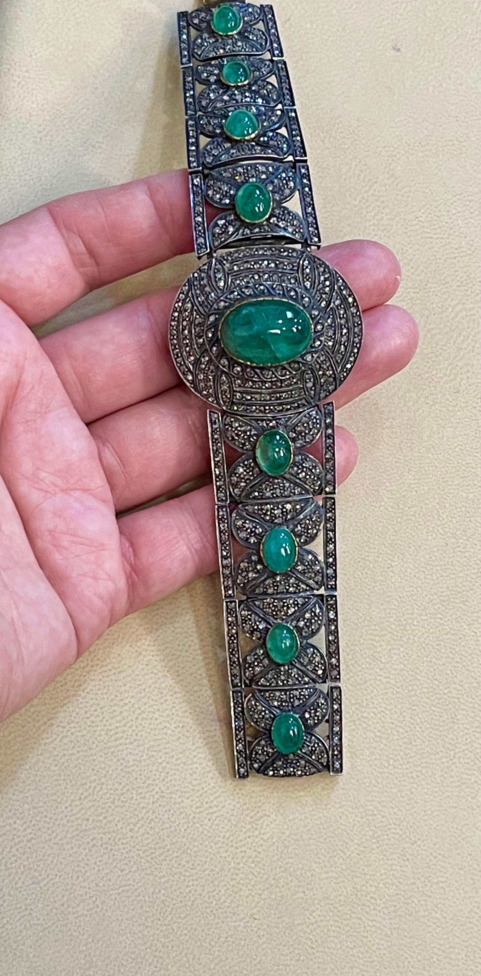 Bracciale a bracciale vittoriano con diamante e smeraldo cabochon in oro 14K, argento, oro giallo in vendita 1