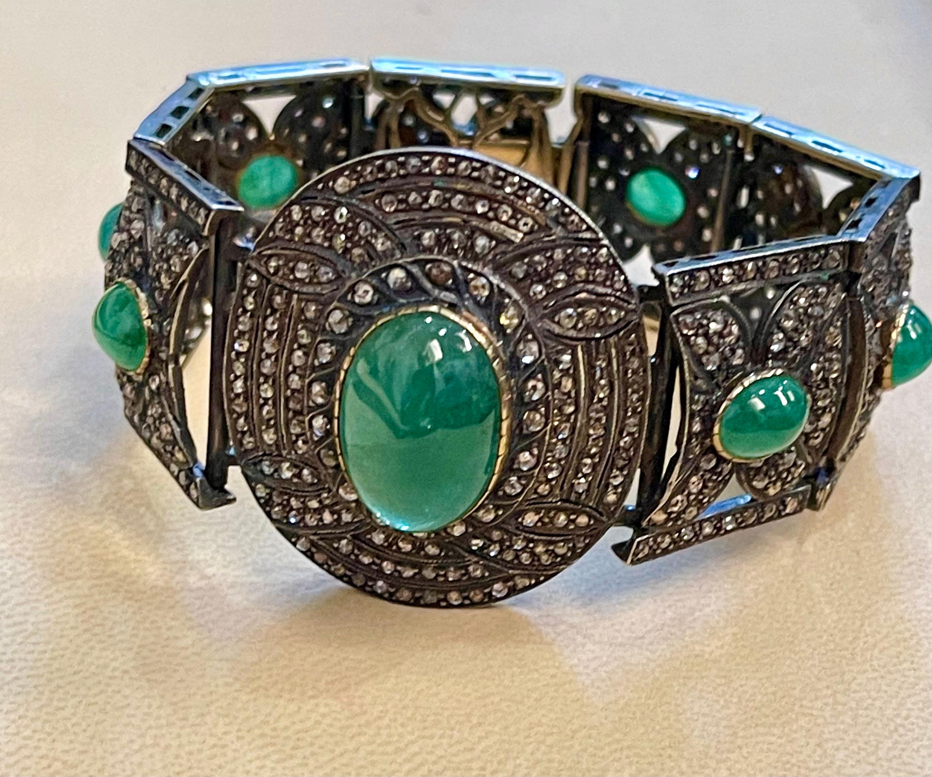 Bracciale a bracciale vittoriano con diamante e smeraldo cabochon in oro 14K, argento, oro giallo in vendita 2