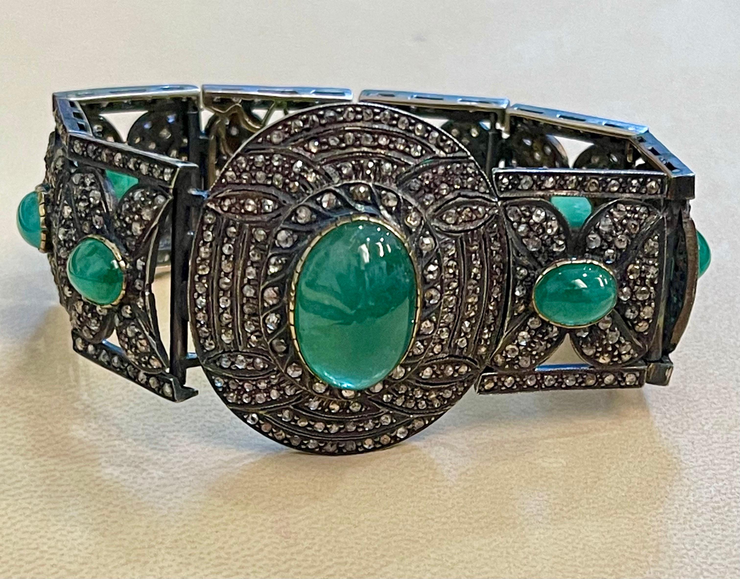 Bracciale a bracciale vittoriano con diamante e smeraldo cabochon in oro 14K, argento, oro giallo in vendita 3