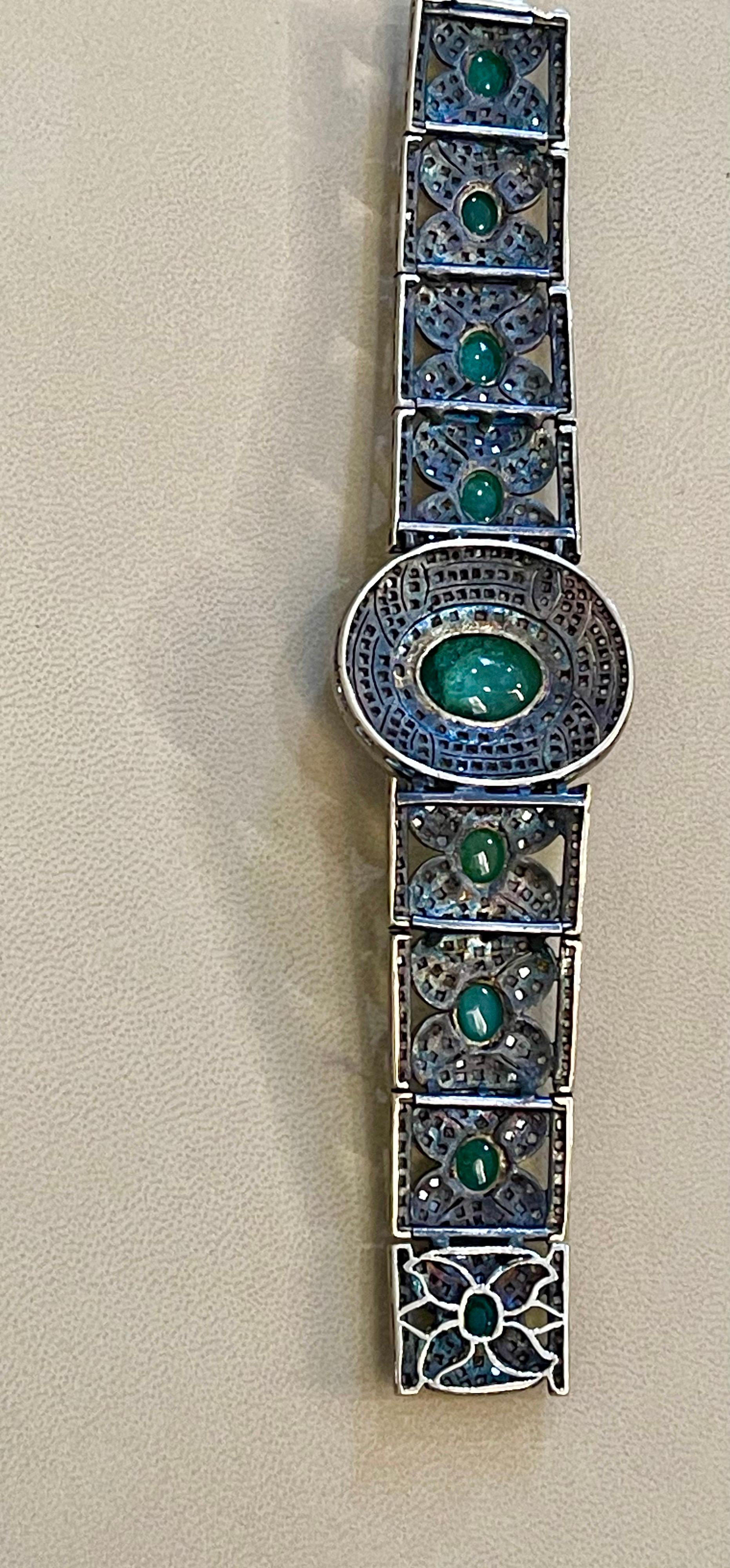 Bracciale a bracciale vittoriano con diamante e smeraldo cabochon in oro 14K, argento, oro giallo in vendita 4