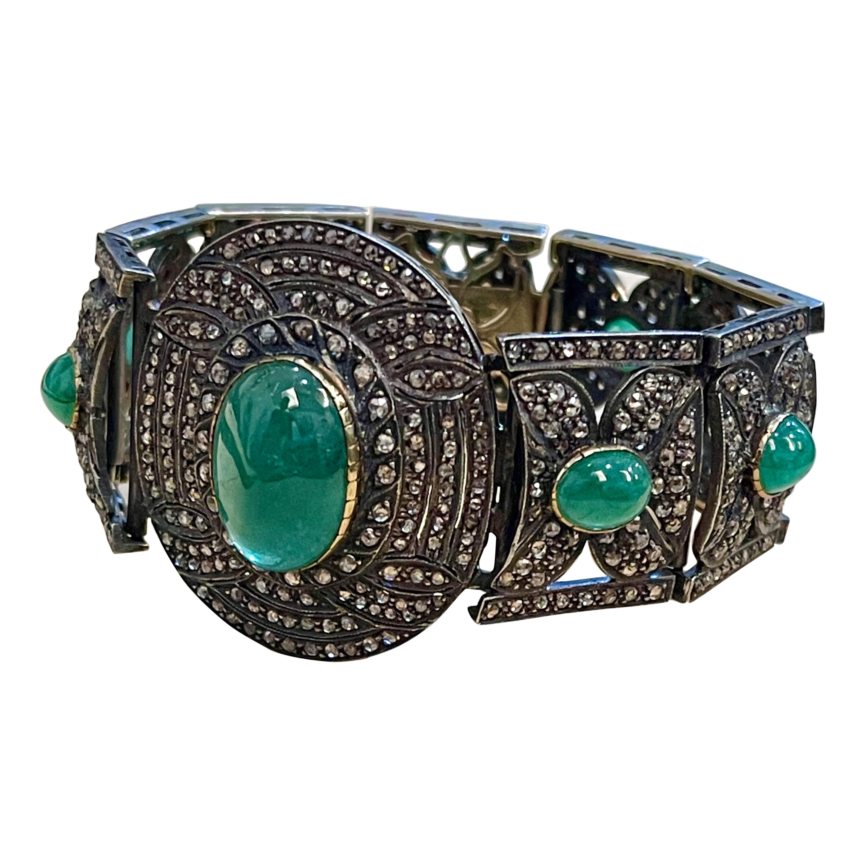 Bangle Bracelet Victorian Diamond Emerald Cabochon 14K Gold, Silver, Yellow Gold