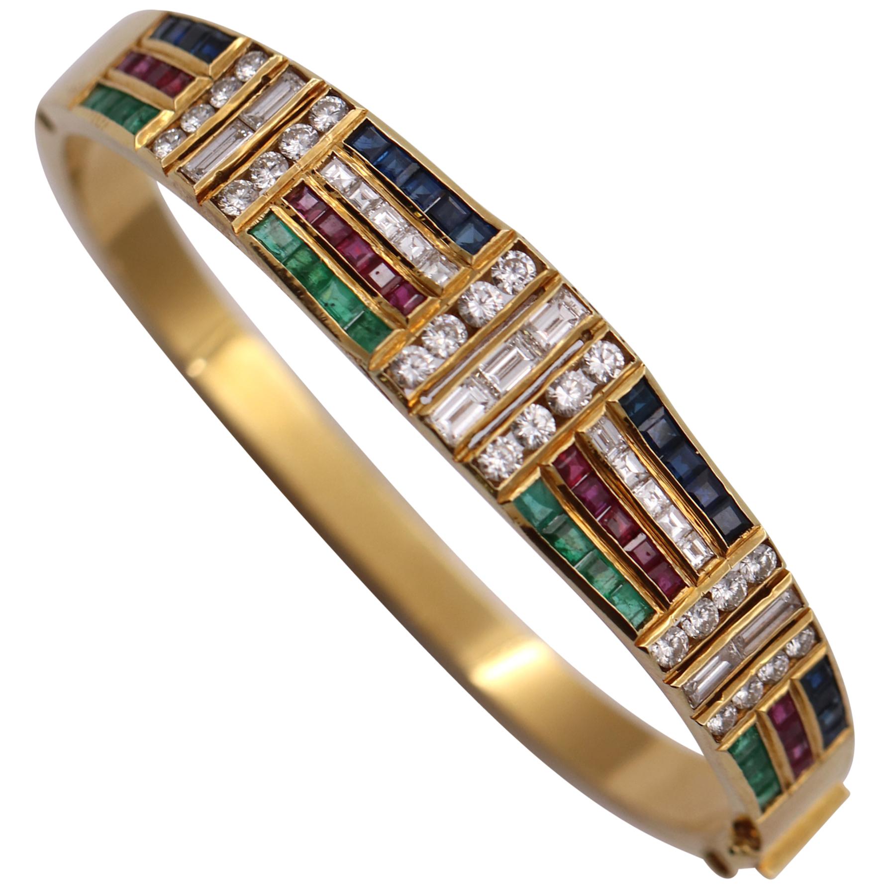 Bangle Bracelet with a Rainbow of Colored Stones and Diamonds