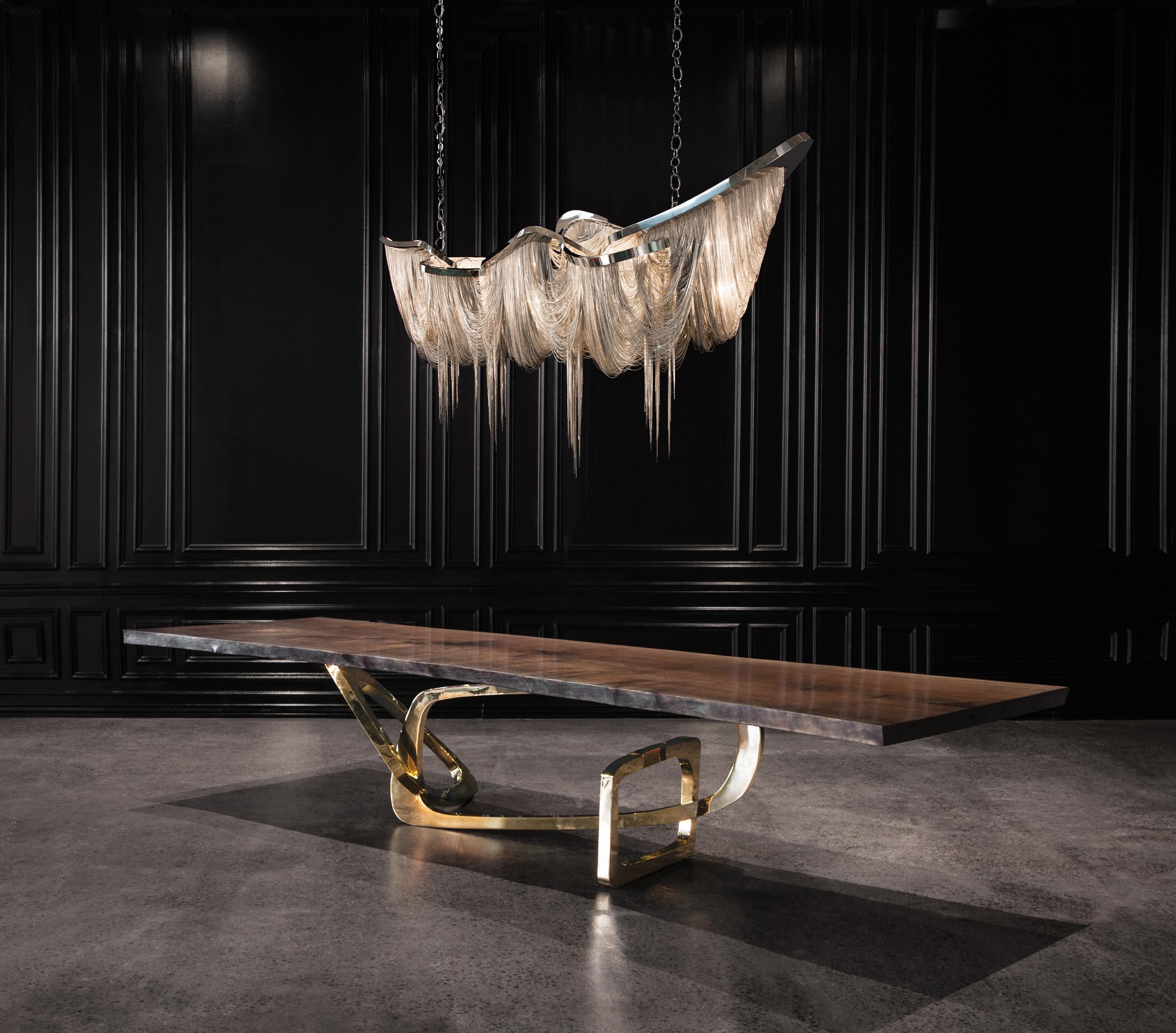 Modern Bangle Dining Table:  Bespoke Dining Table Seamed Walnut and Stainless Steel For Sale