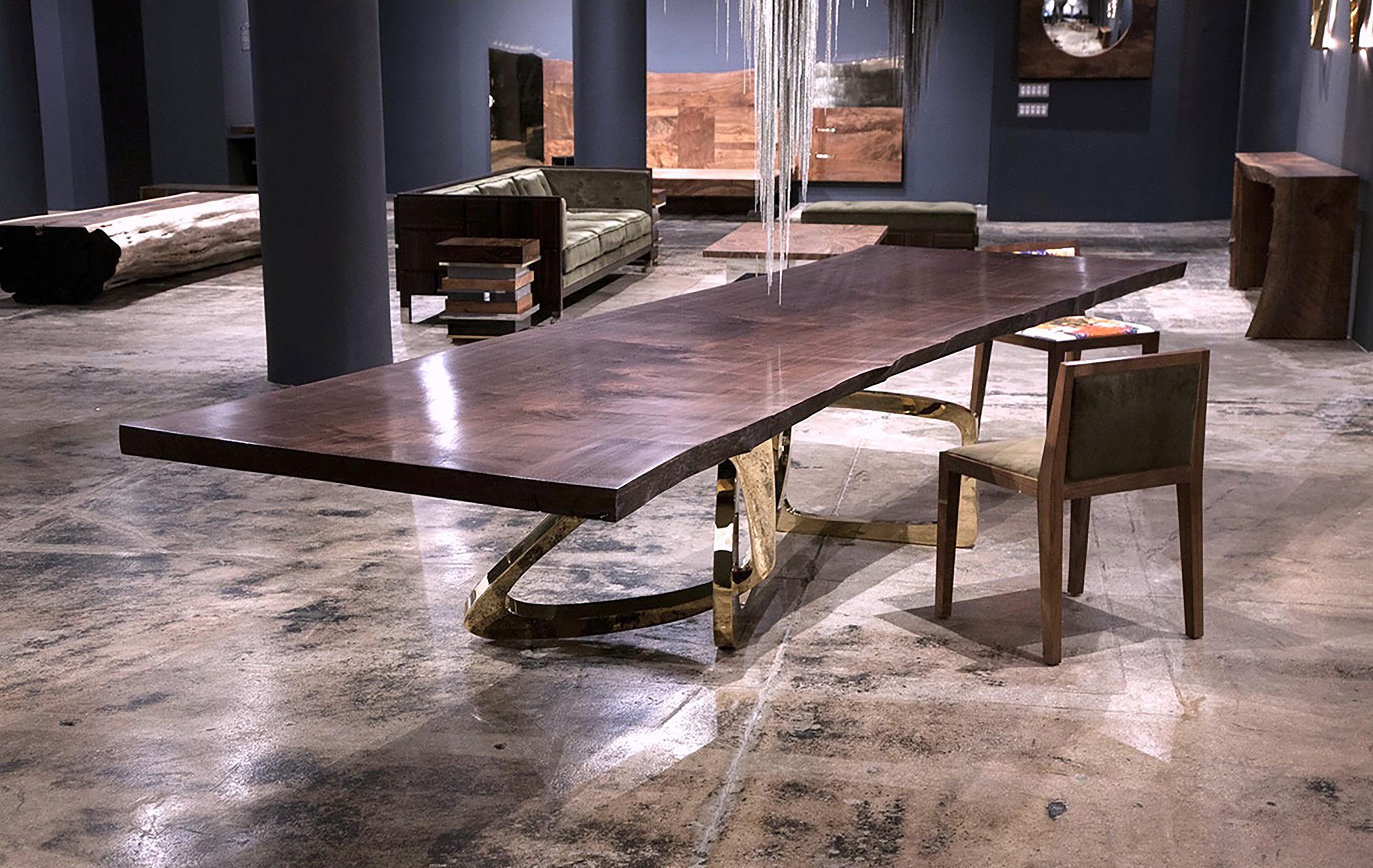 American Bangle Dining Table:  Bespoke Dining Table Seamed Walnut and Stainless Steel For Sale