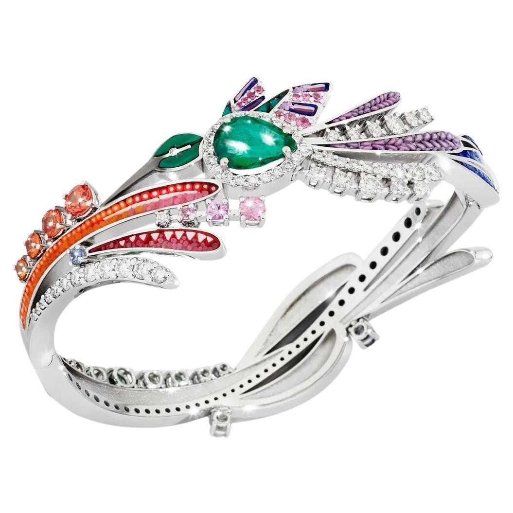 Bangle in White Gold with Emeralds, Malachite, Sapphires and White Diamonds