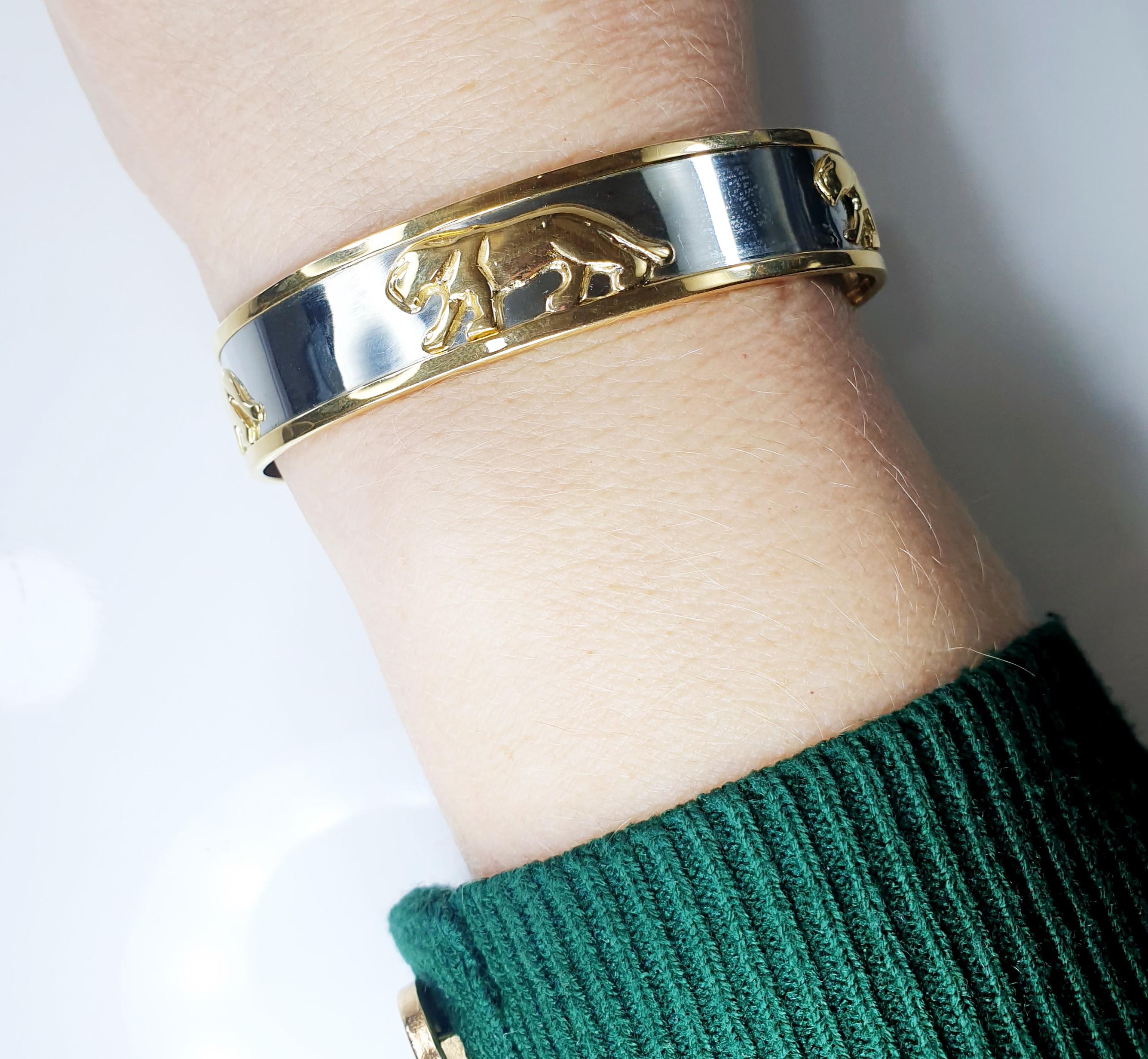 Brilliant Cut Bangle Panther Bracelet in Stainless Steel and 18k Yellow Gold