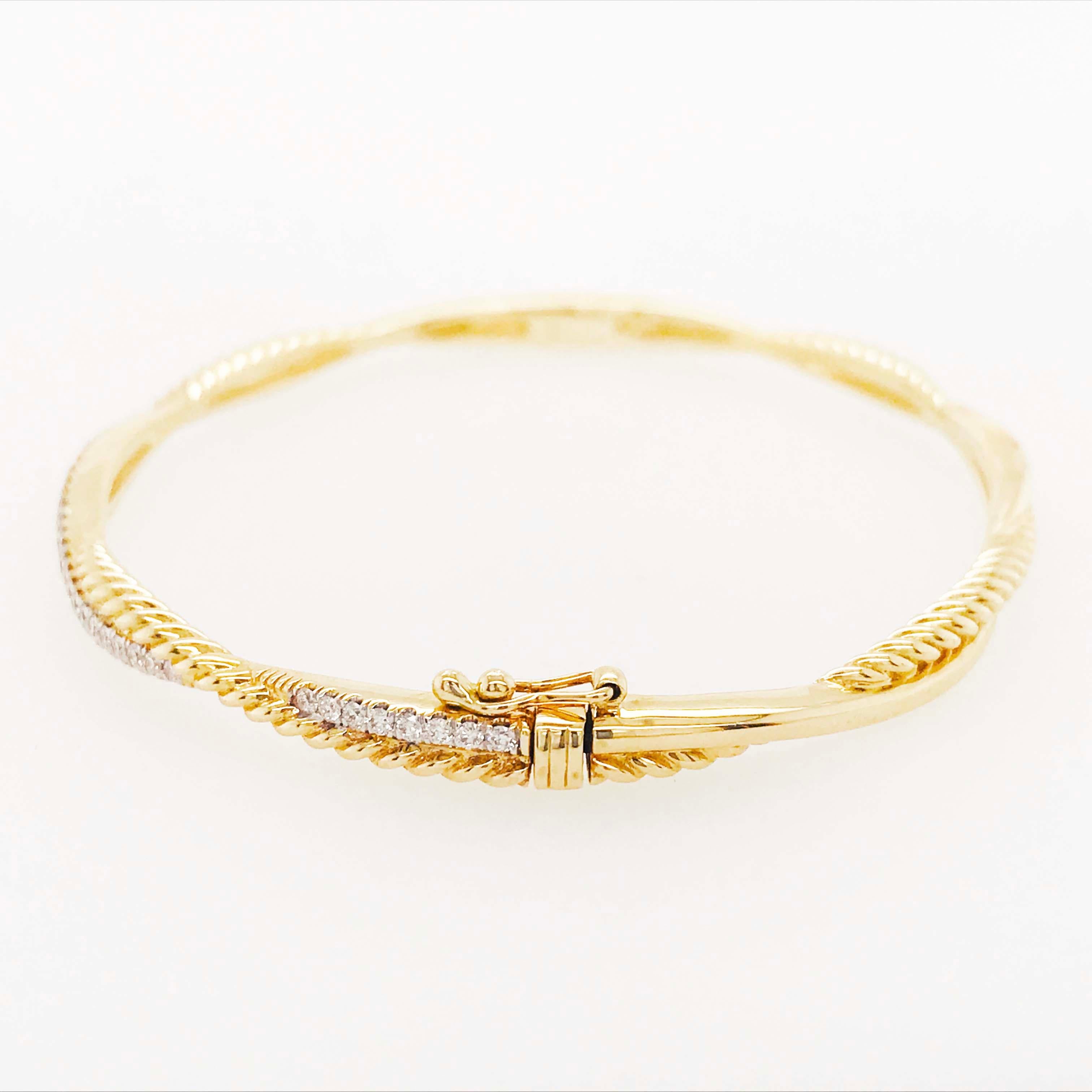 Round Cut Bangle Tennis Bracelet a Twist of Diamonds and Rope Design in 14 Karat Gold For Sale