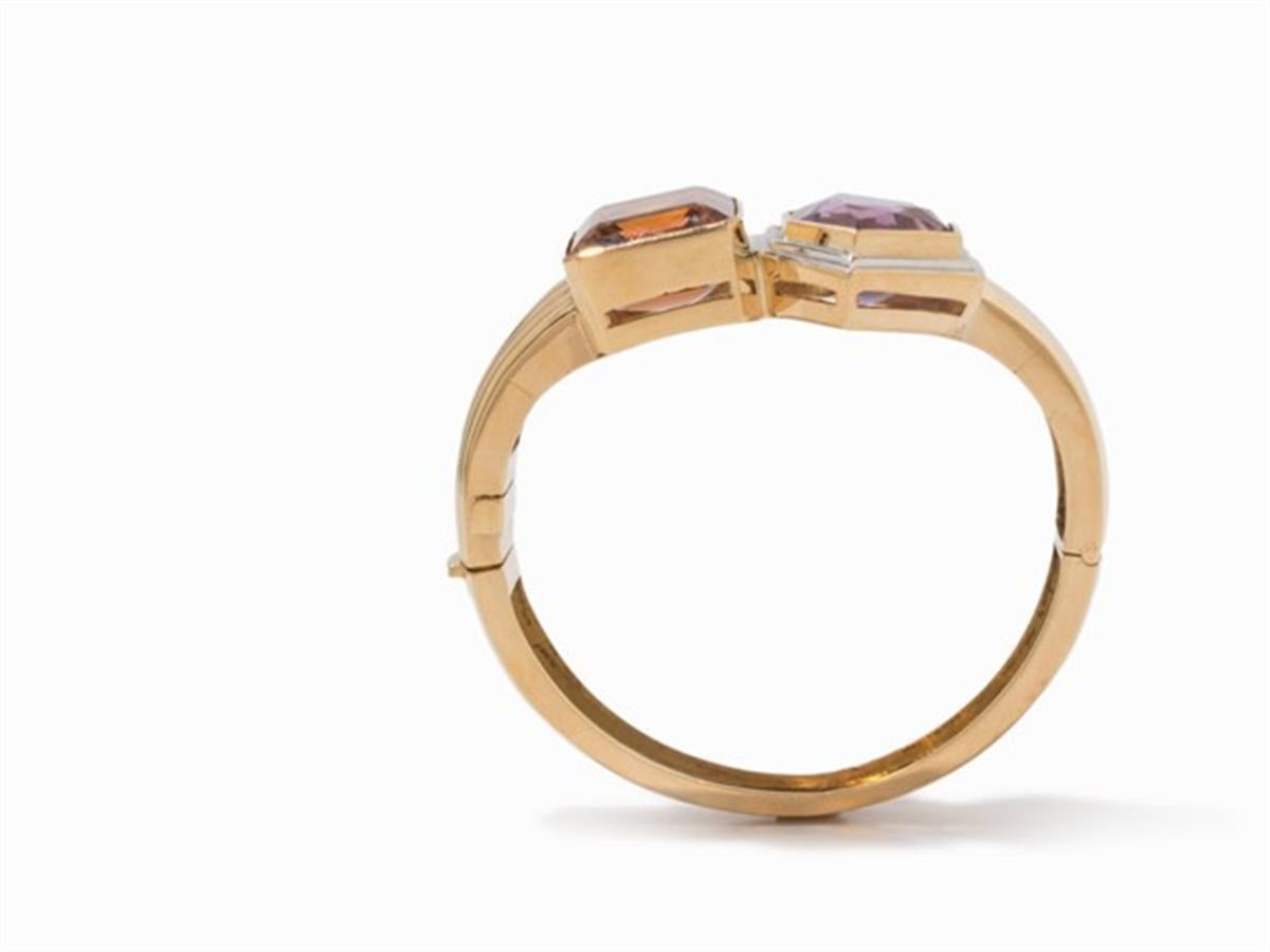 Modern Bangle with Amethyst and Citrine, 750 Yellow Gold