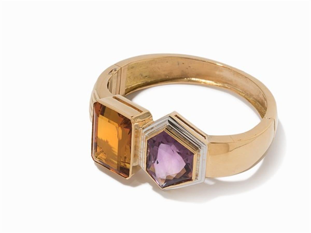 Bangle with Amethyst and Citrine, 750 Yellow Gold In Excellent Condition In Bad Kissingen, DE