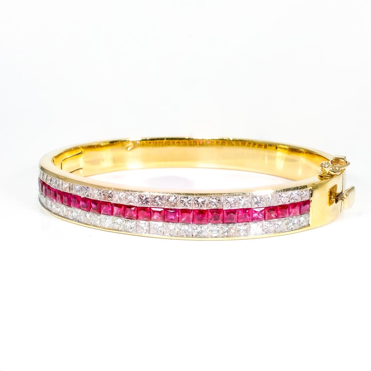 Women's Bangle with Rubies and Princess Cut Diamonds. D4.02ct.t.w.  Rubies 2.76ct.t.w. For Sale