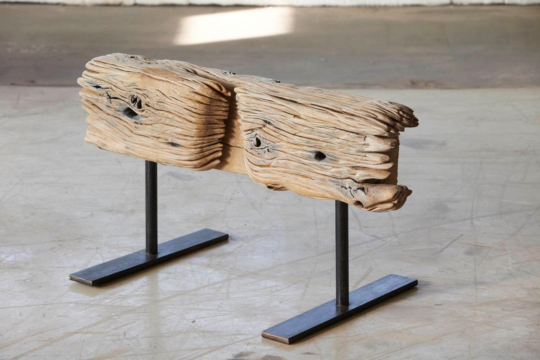 Organic Modern Bank, Bench by Hanni Dietrich, Carved Oak Mounted on Welded Black Iron Legs For Sale