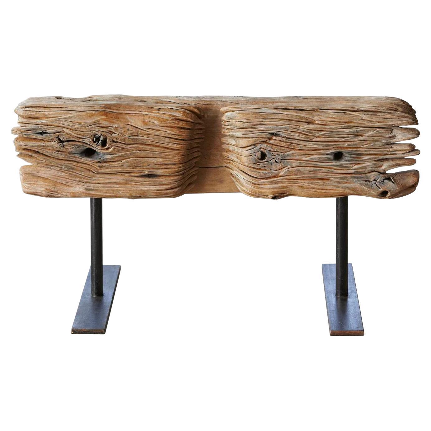 Bank, Bench by Hanni Dietrich, Carved Oak Mounted on Welded Black Iron Legs For Sale