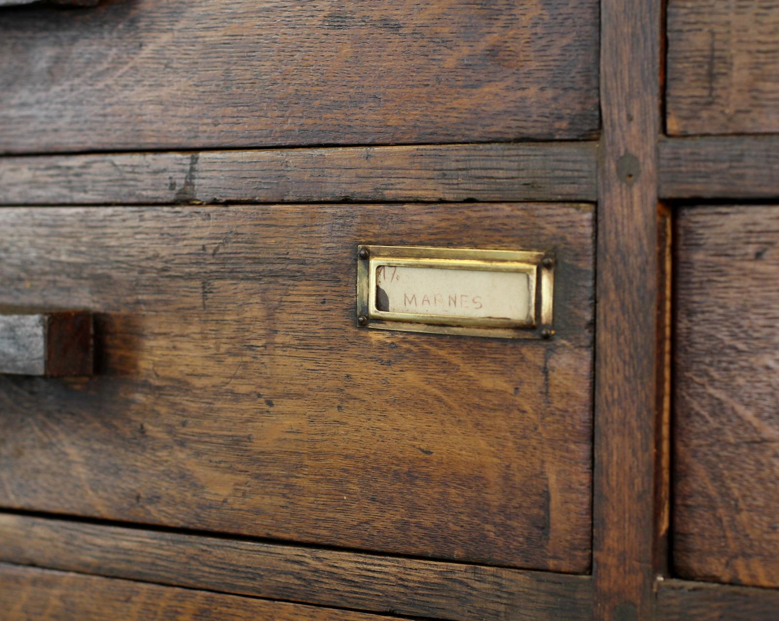 Industrial Bank of French Oak Museum Drawers, circa 1920s