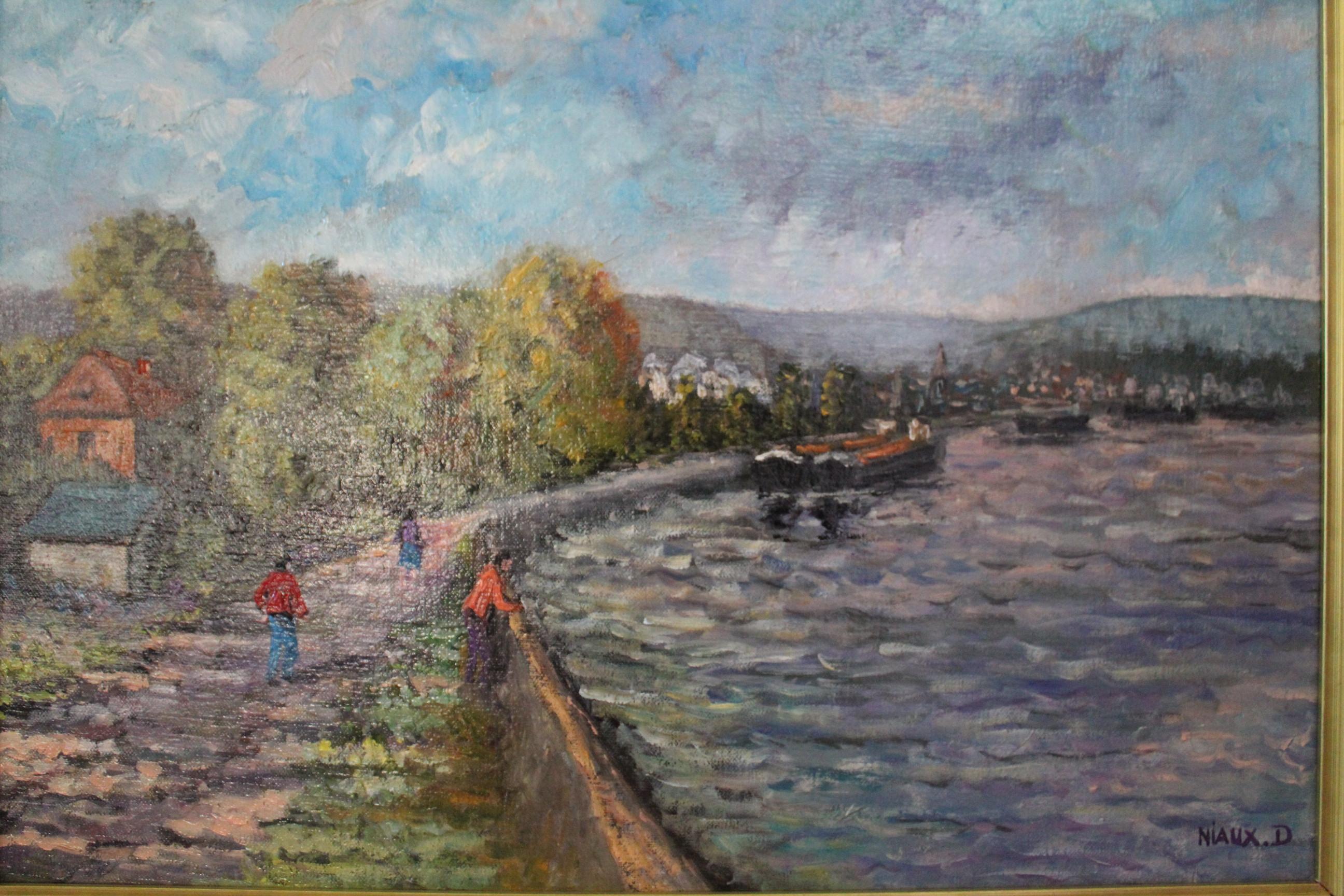 Other Bank of Seine River Oil Painting by D.Niaux France, 1990 For Sale