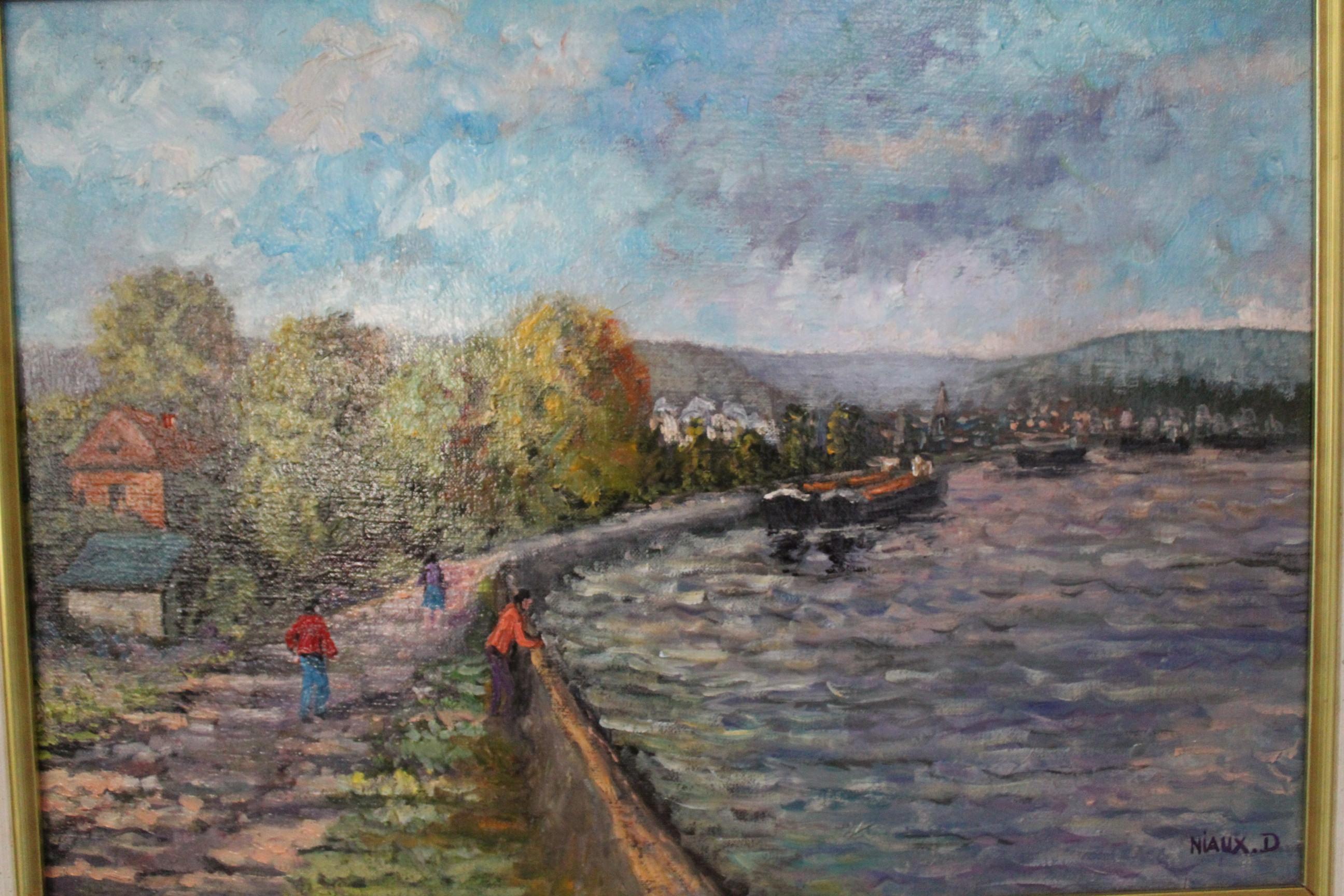 Bank of Seine River Oil Painting by D.Niaux France, 1990 In Good Condition For Sale In Charleston, SC