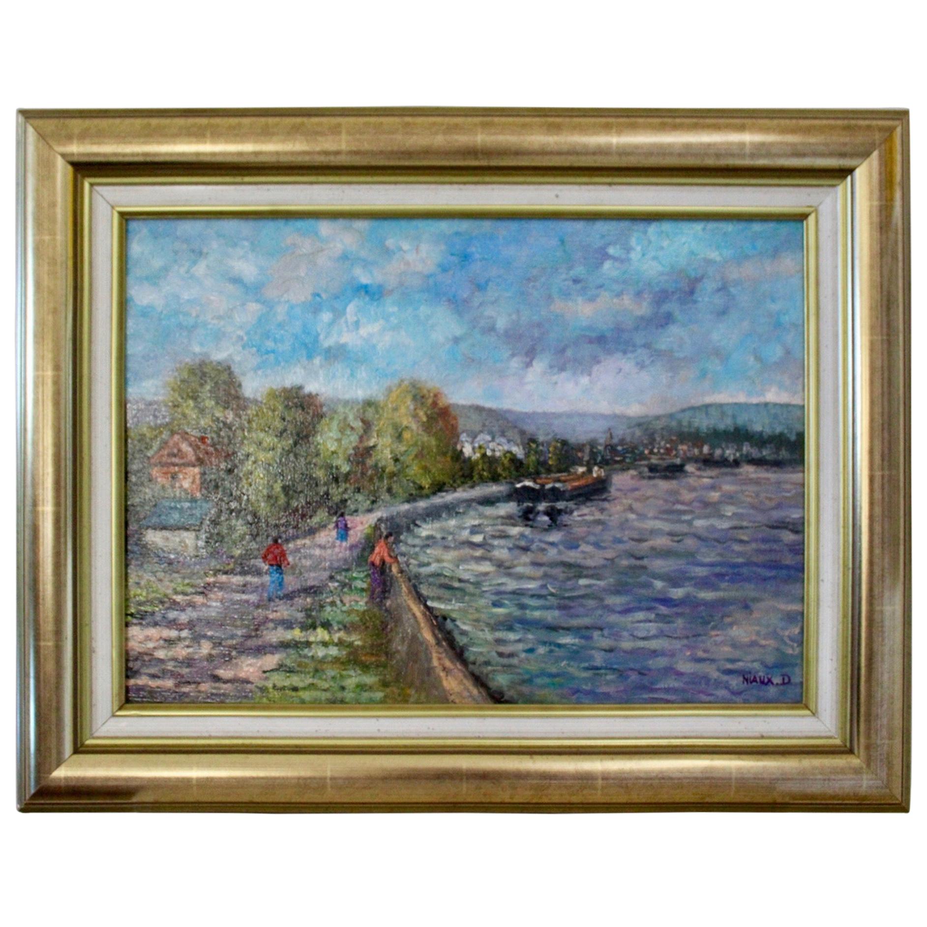Bank of Seine River Oil Painting by D.Niaux France, 1990 For Sale