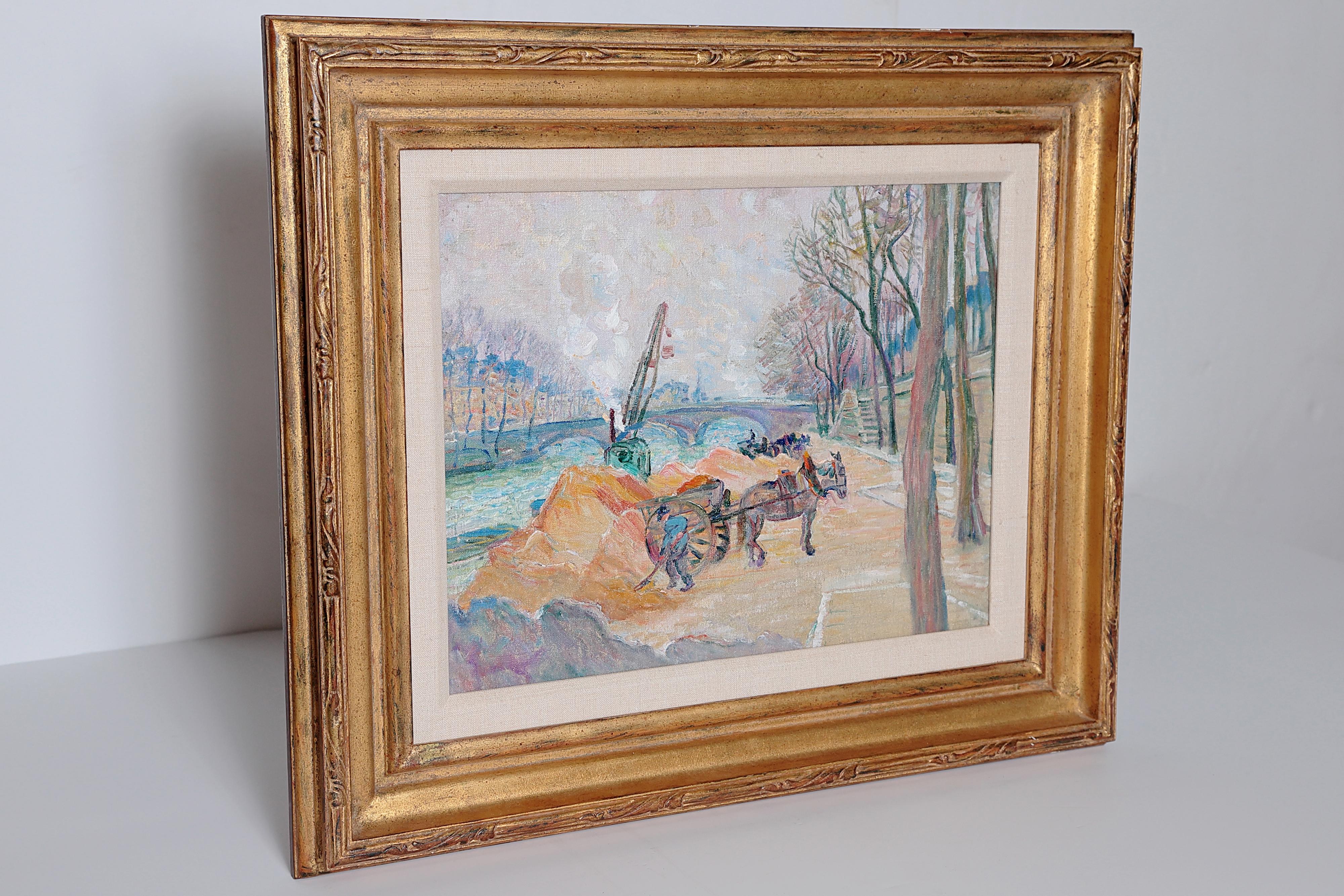 Framed oil on canvas by American artist George Brainerd Burr (1876-1939), bank of the seine, workman shoveling (with horse and cart) on the river bank in Paris with a steam shovel and bridge in the background, with 