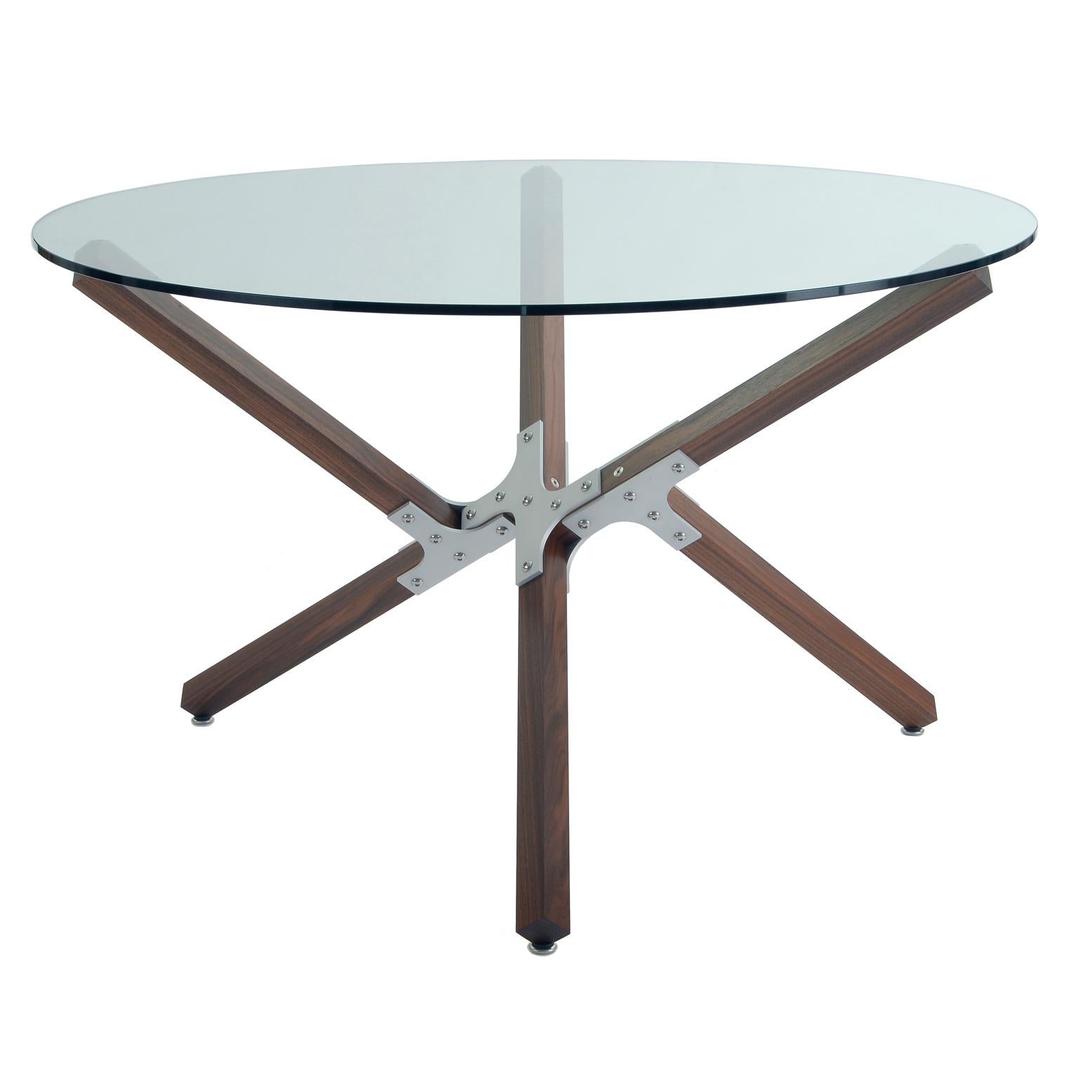 Minimal Industrial Dining Table by Peter Harrison Glass Top Wood and Metal