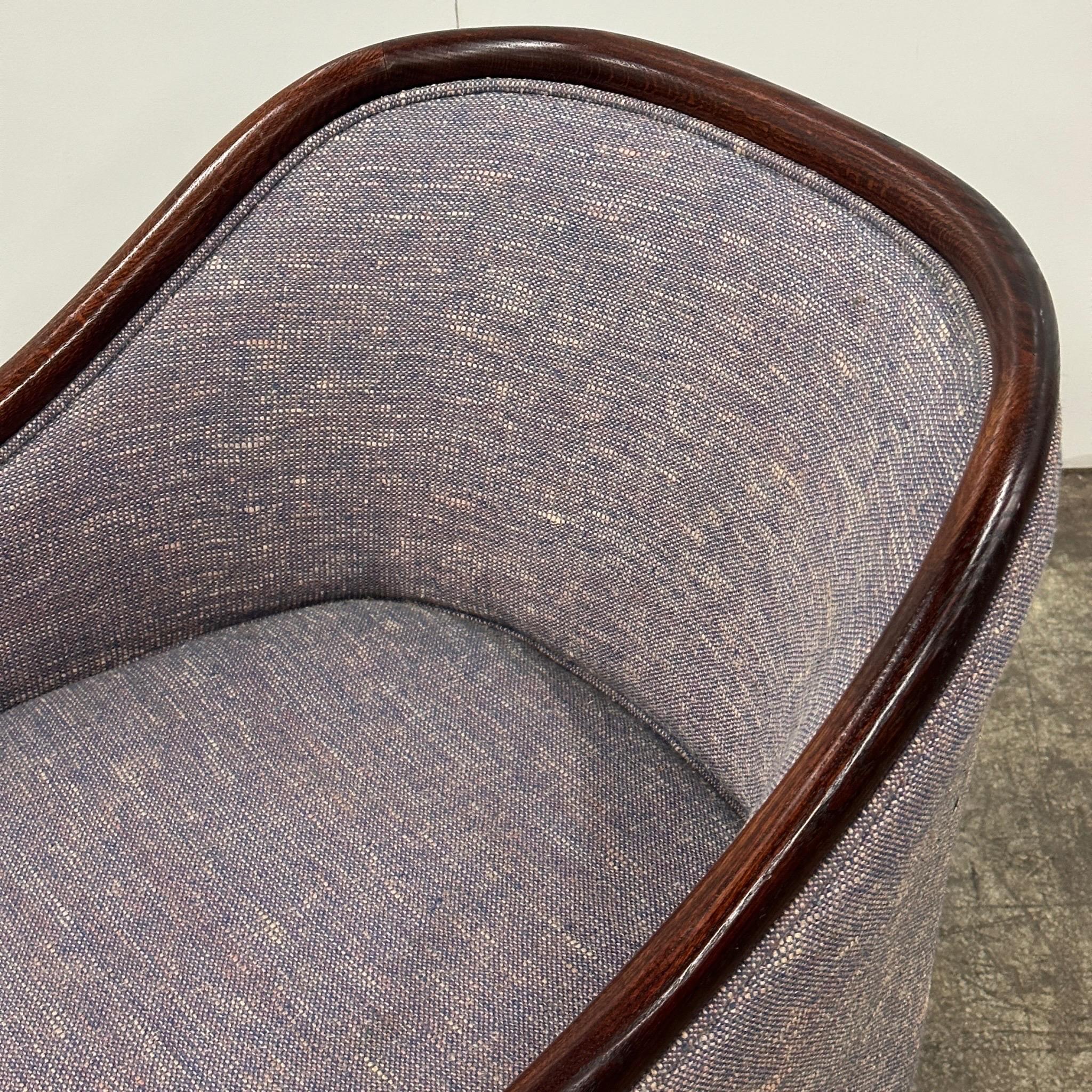 c. 1980s. Upholstered in purple/grey contract fabric. Bentwood construction.  