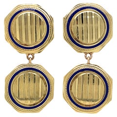 Antique "Bankerly" Earrings Converted from 1930s Cufflinks in Yellow Gold & Blue Enamel