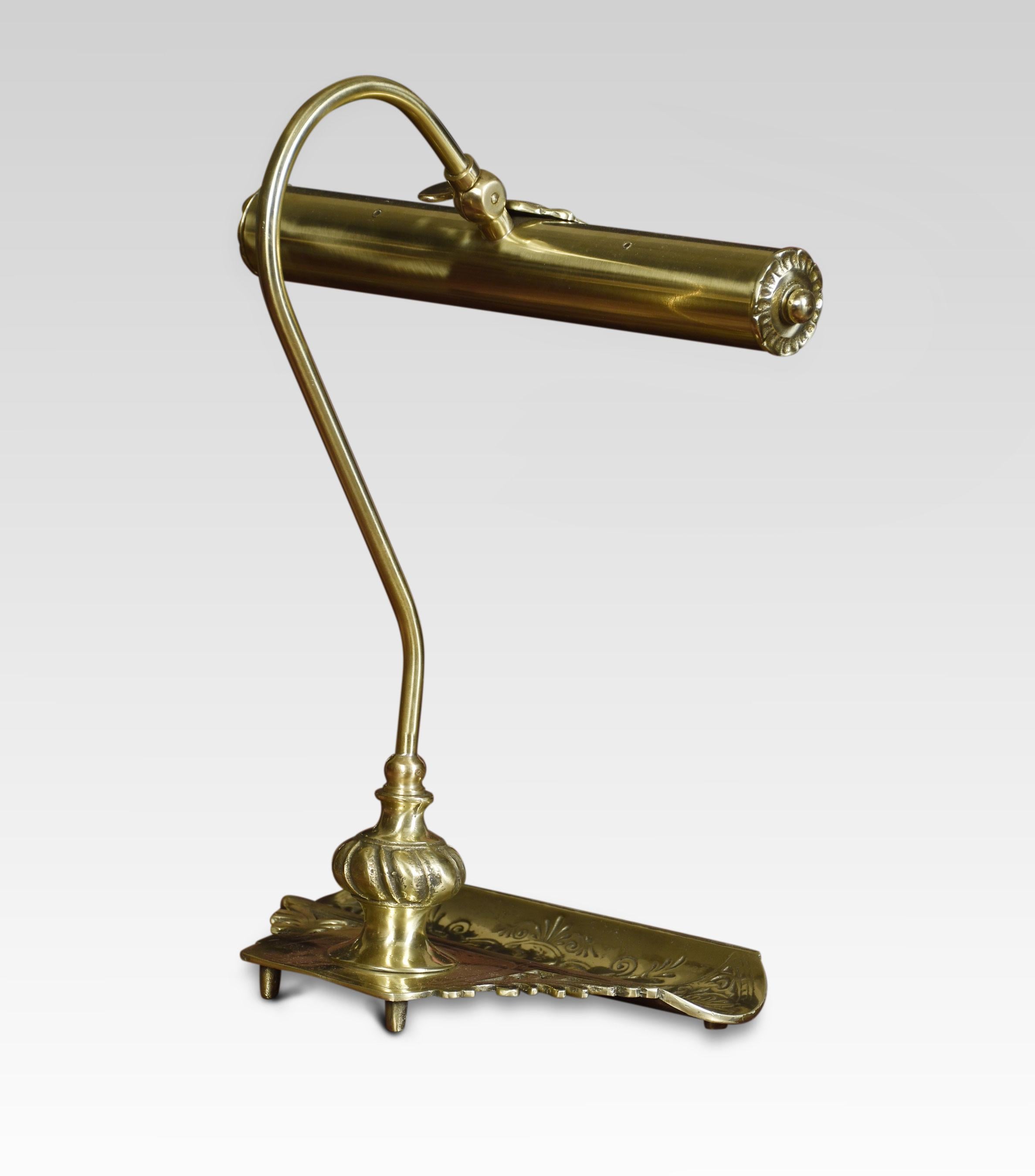 Bankers desk lamp, the brass base and pivoted sweeping arm supporting adjustable lampshade. The lamp has been rewired.
Dimensions
Height 15.5 inches
Width 12.5 inches
Depth 7.5 inches.