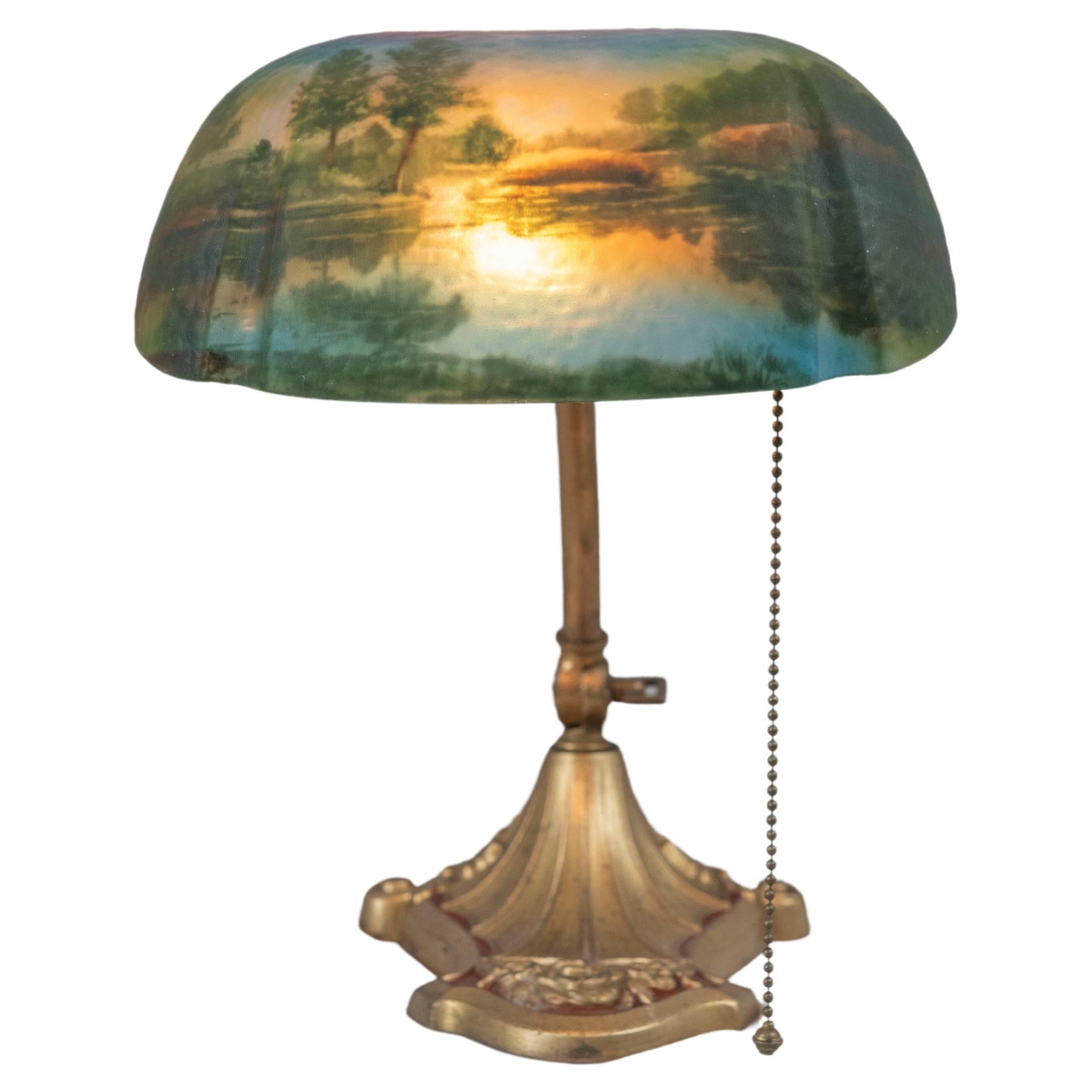 Banker's/ Desk Lamp by "Pittsburgh Lamp Co." Reverse Painted Shade, ca. 1920's For Sale