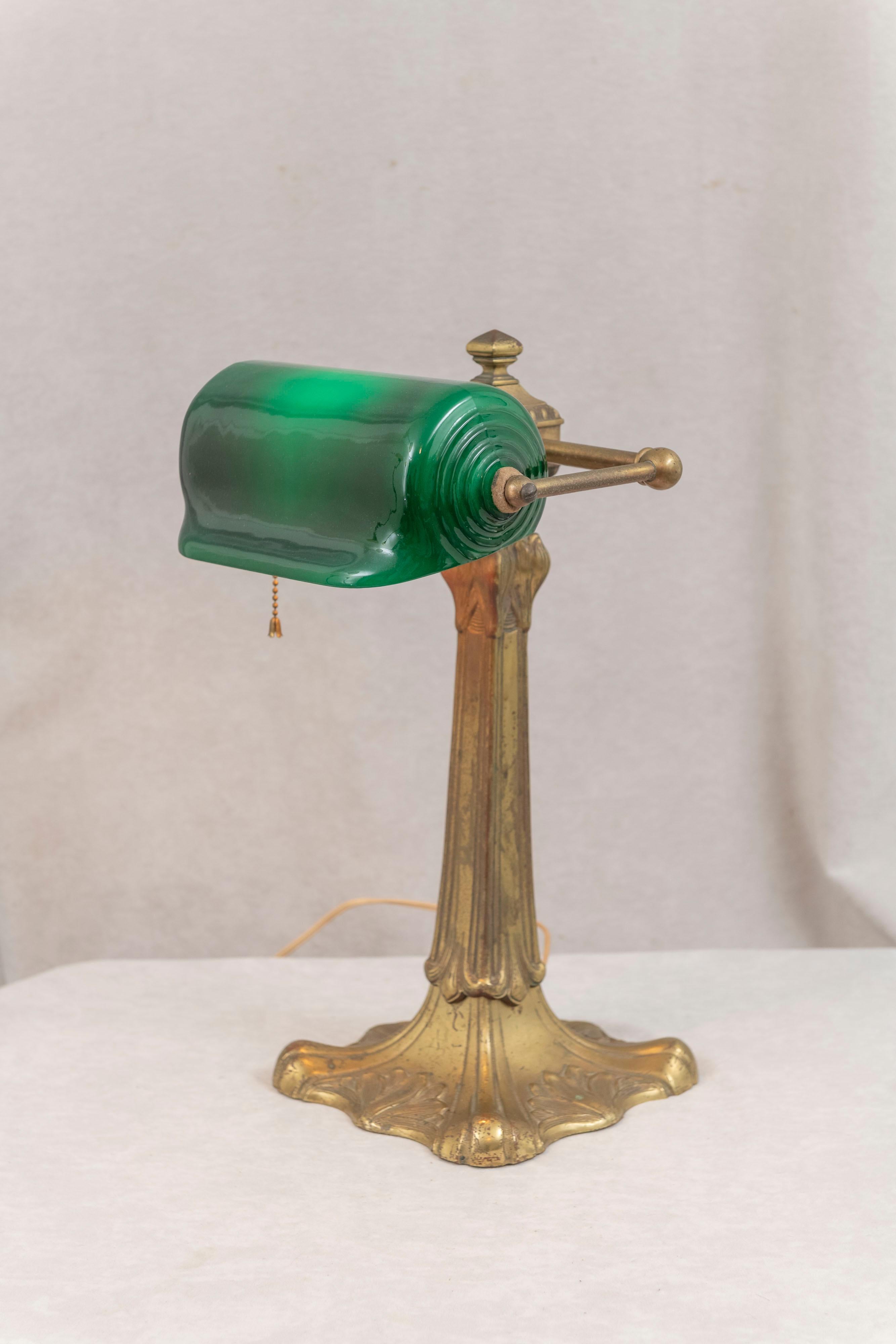 Art Nouveau Banker's Lamp, W/Green Glass Shade, Bronze Base, ca. 1915